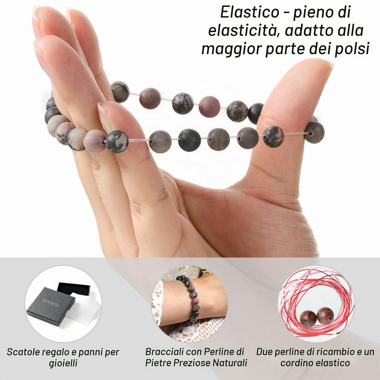 Landorilo Bracciale in Pietre Naturali Rodonite Nera Scrub, 19 cm - immagine 5