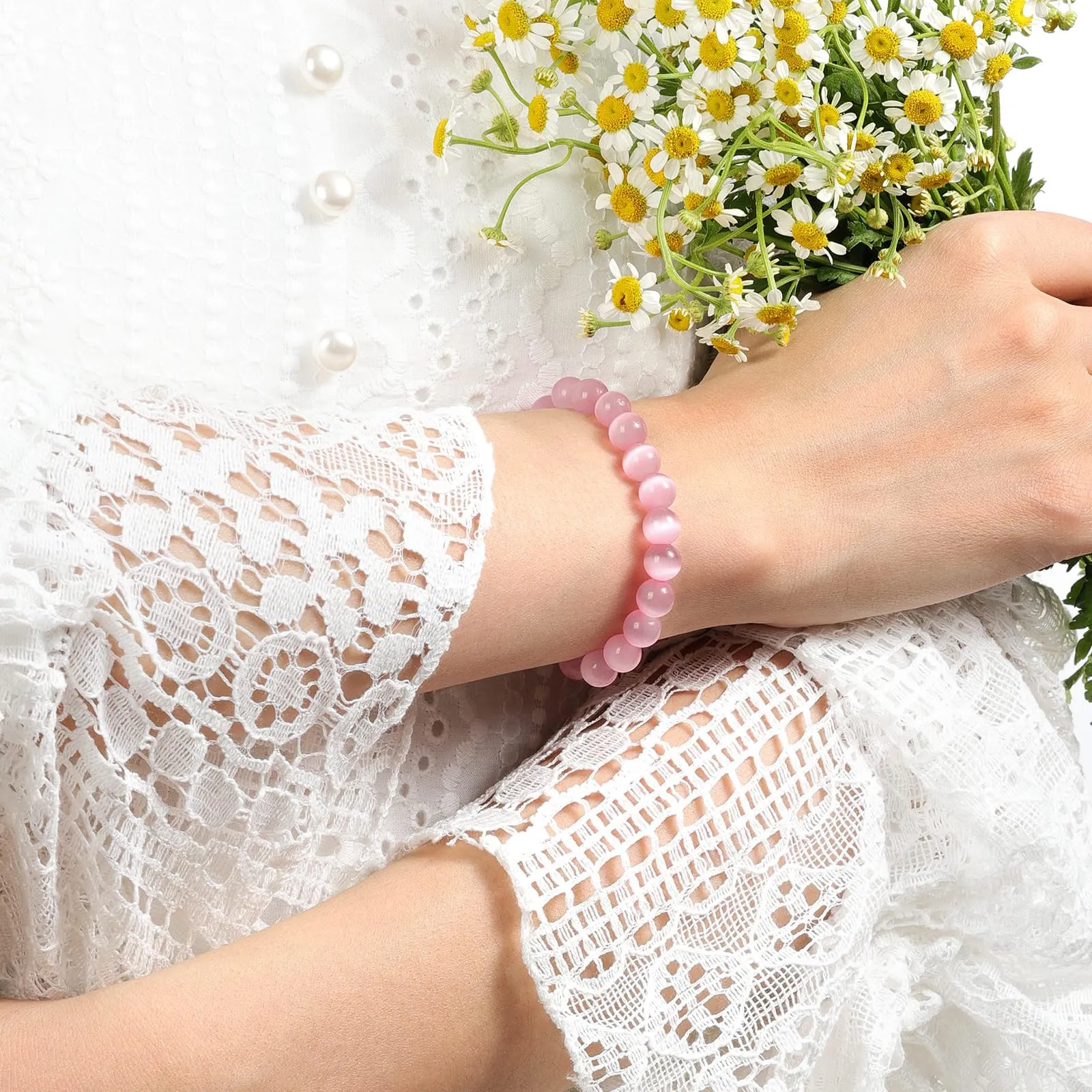 Landorilo Bracciale in Pietre Naturali Occhi di Gatto Rosa, 19 cm - immagine 2
