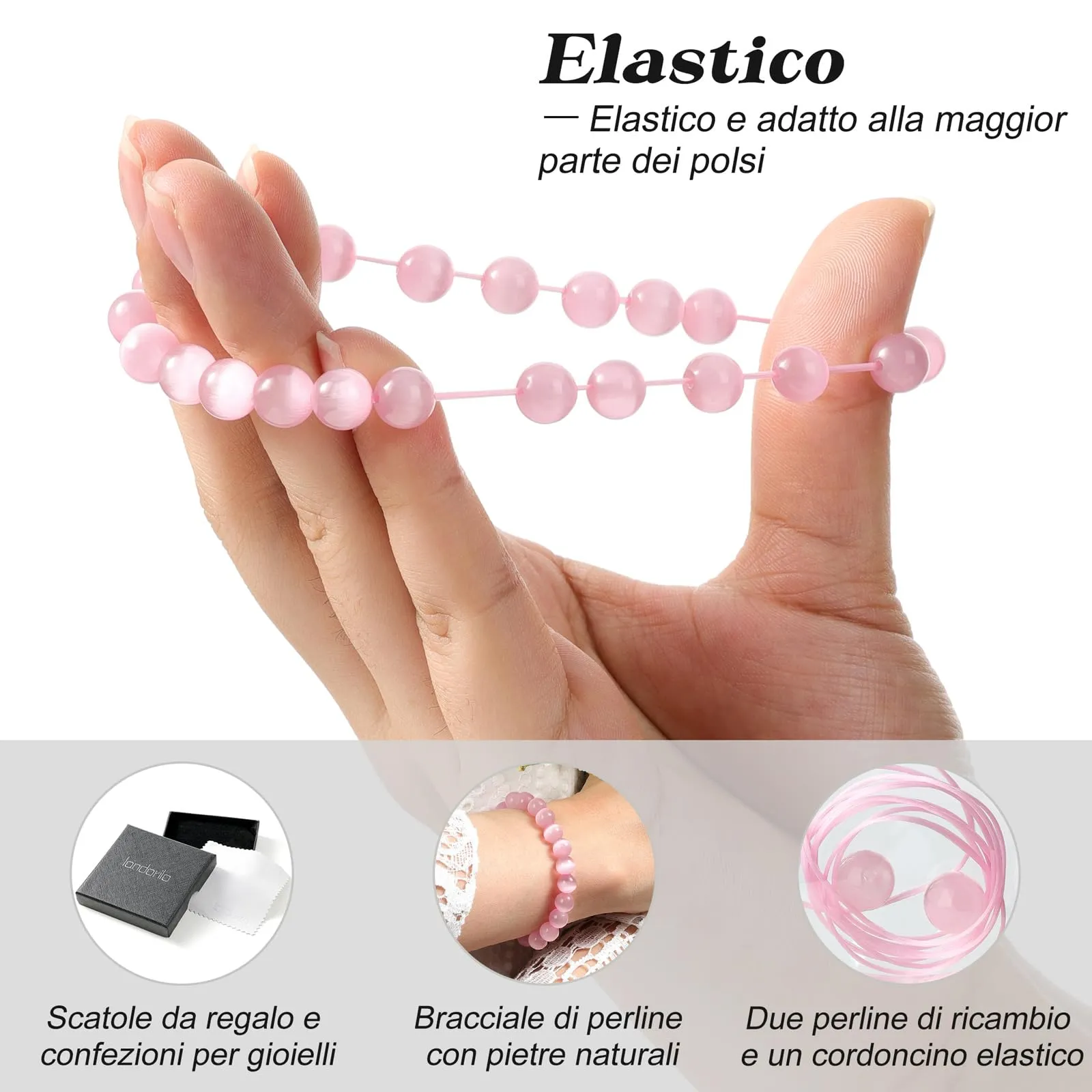 Landorilo Bracciale in Pietre Naturali Occhi di Gatto Rosa, 19 cm - immagine 5
