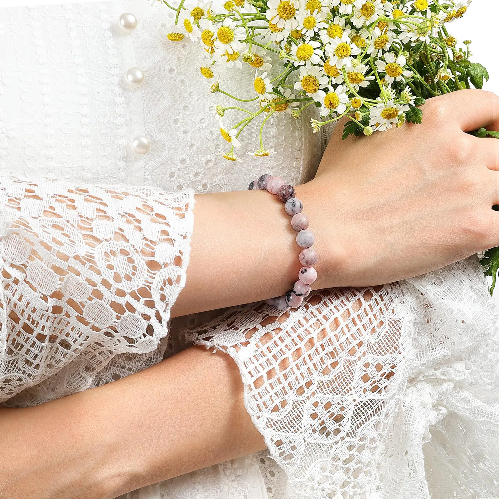 Landorilo Bracciale in Pietre Naturali Diaspro Rosa Zebrato, 19cm - immagine 2