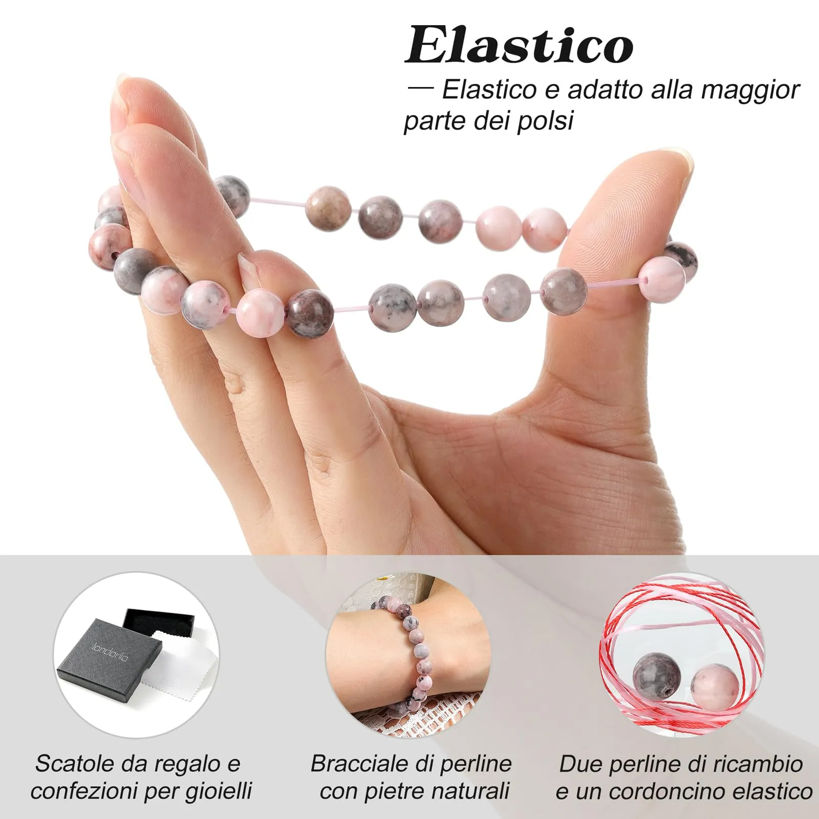 Landorilo Bracciale in Pietre Naturali Diaspro Rosa Zebrato, 19cm - immagine 5