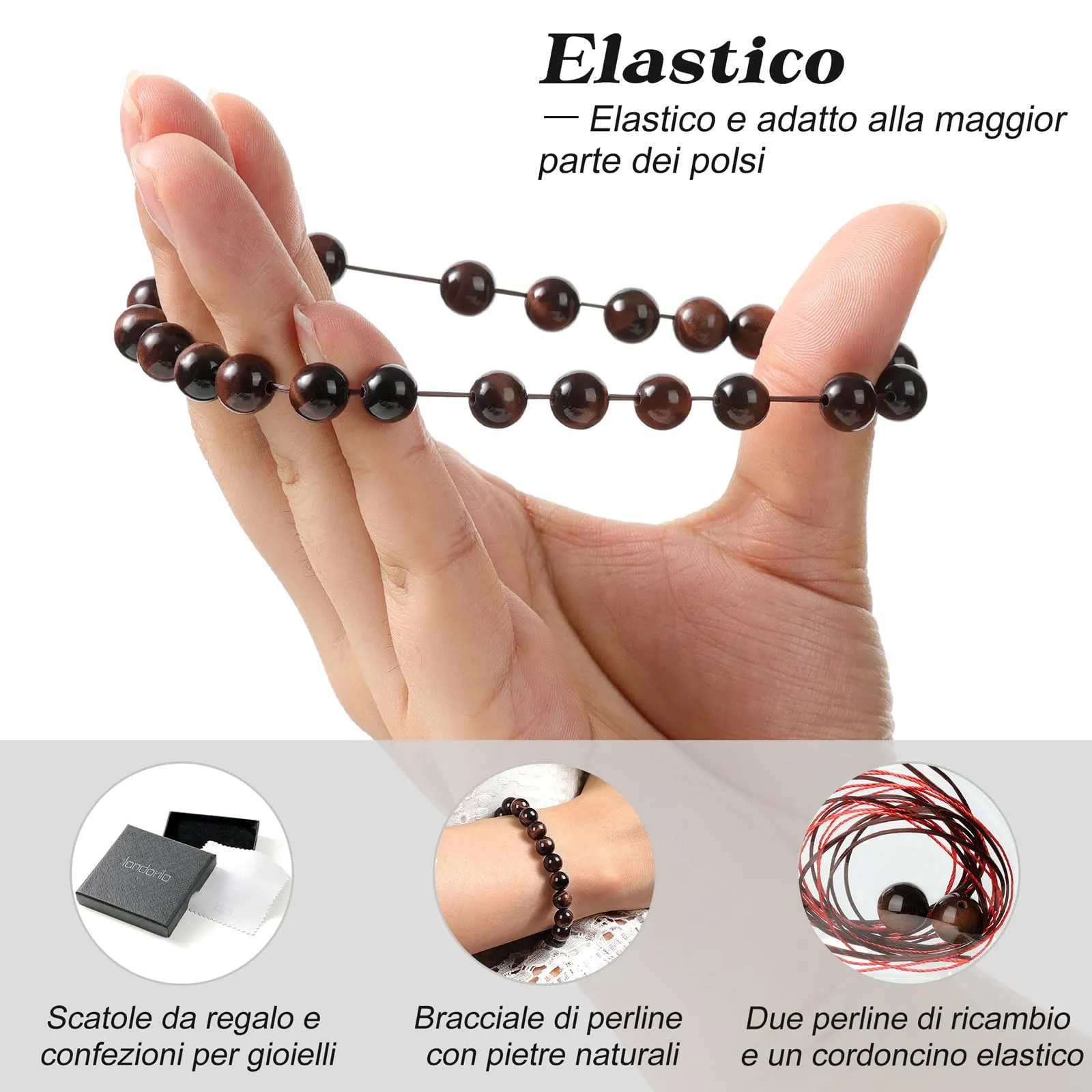 Landorilo Bracciale in Pietre Naturali Occhio di Tigre Rosso, 19 cm - immagine 5
