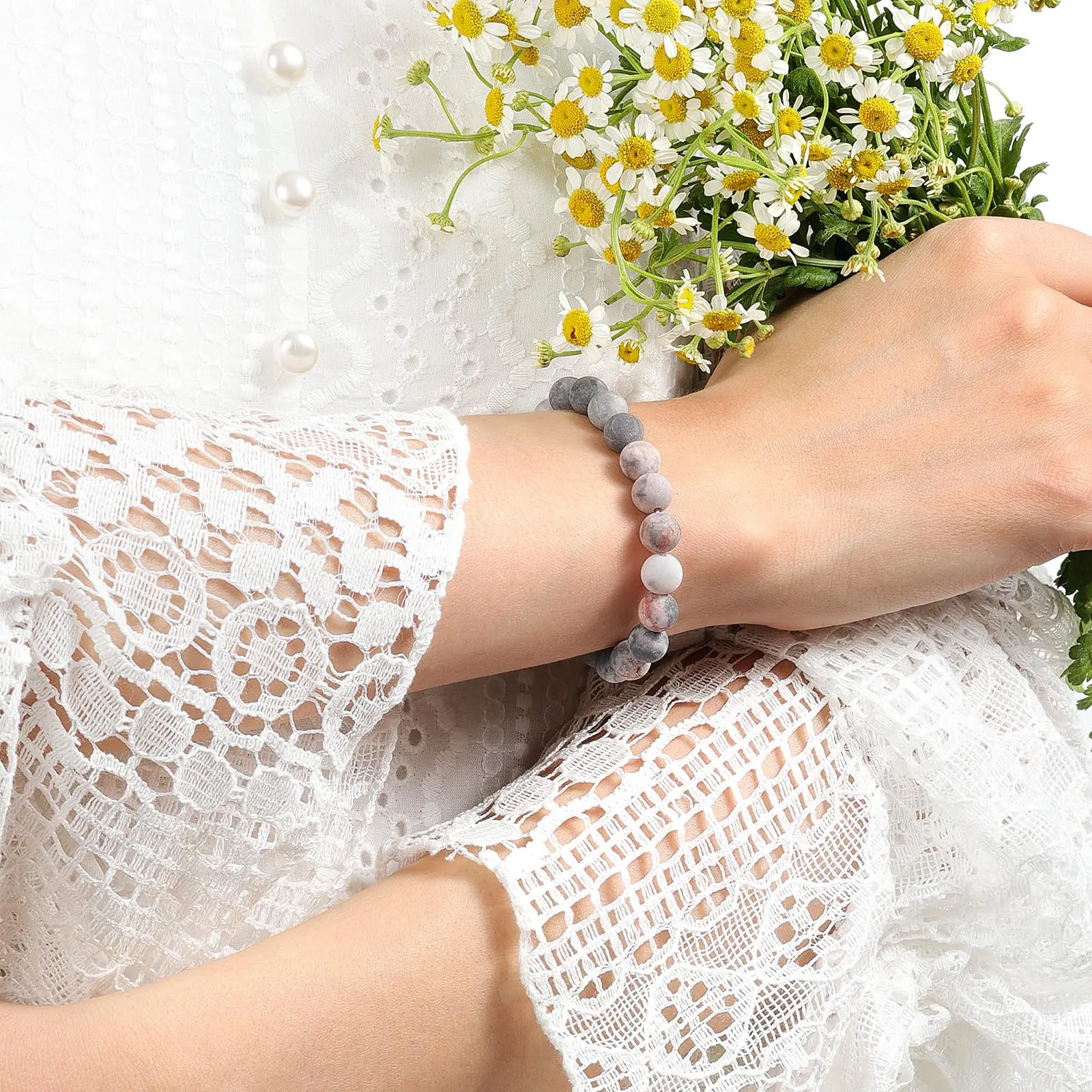 Landorilo Bracciale in Pietre Naturali Rosa Zebrato Scrub, 19cm - immagine 2