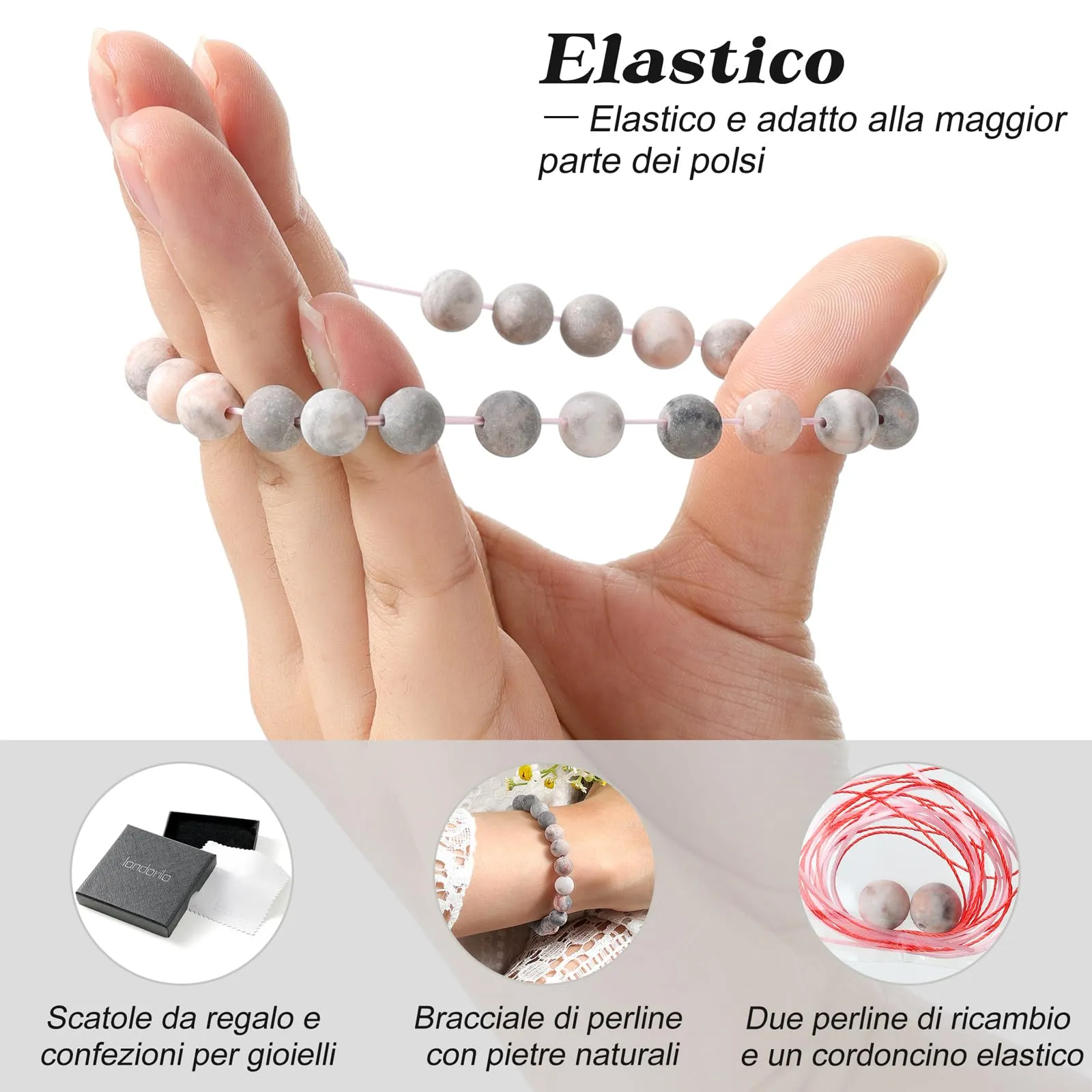 Landorilo Bracciale in Pietre Naturali Rosa Zebrato Scrub, 19cm - immagine 5