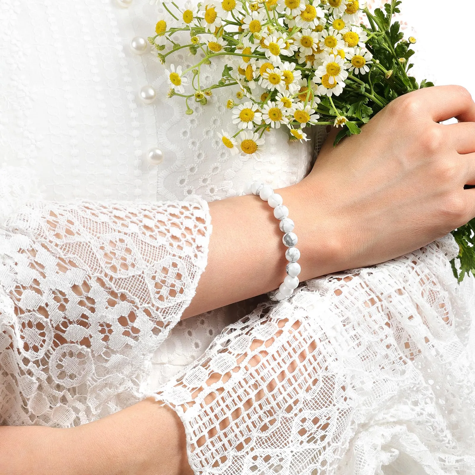 Landorilo Bracciale in Pietre Naturali Bianco Turchese, 19cm - immagine 2