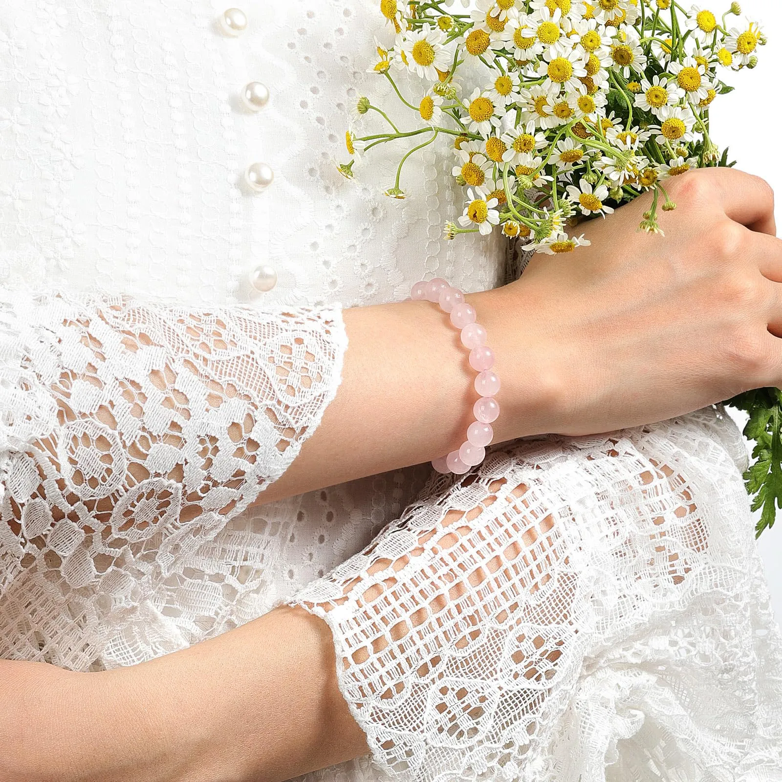 Landorilo Bracciale in Pietre Naturali Quarzo Rosa del Madagascar per Donna Uomo, 19 cm - immagine 2