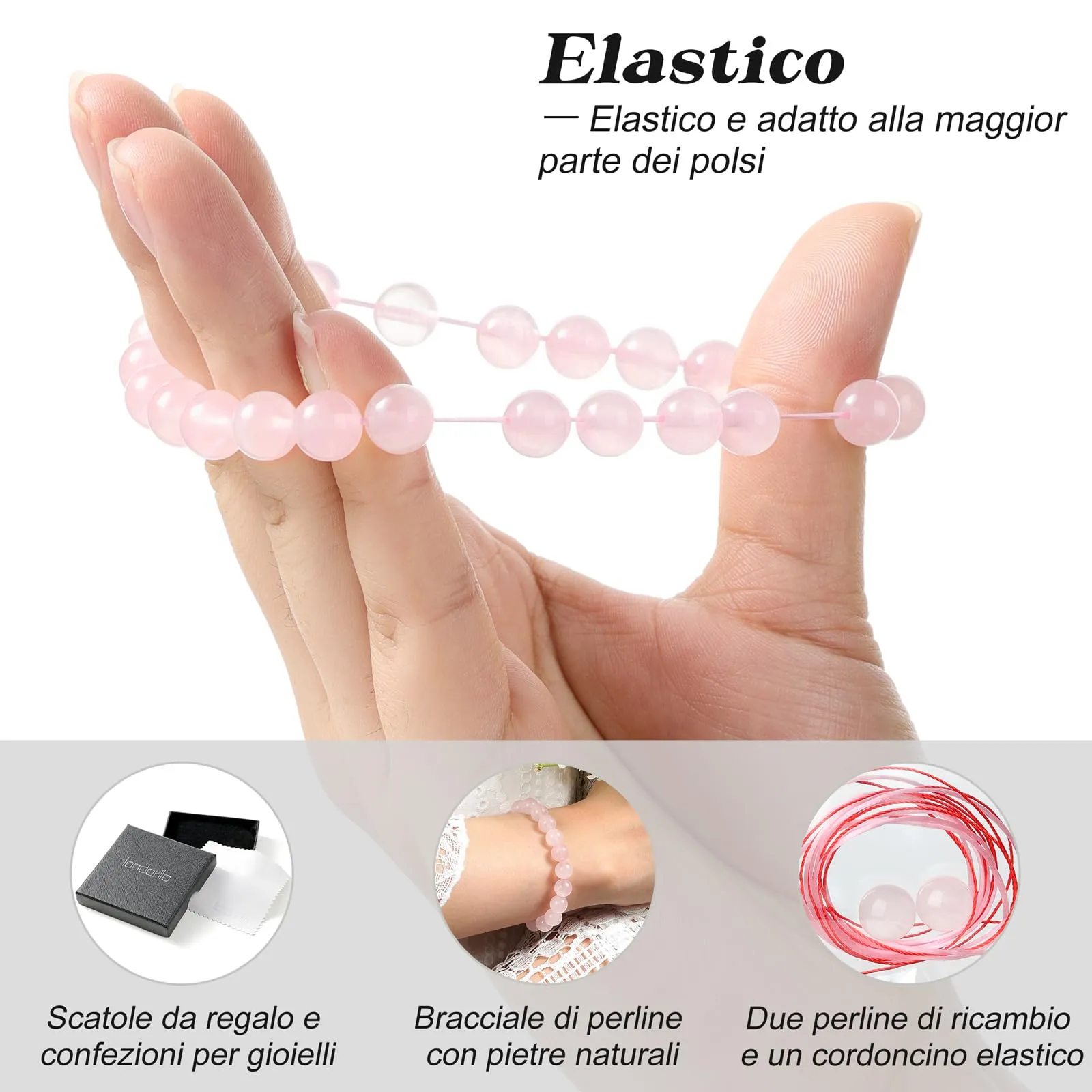 Landorilo Bracciale in Pietre Naturali Quarzo Rosa del Madagascar per Donna Uomo, 19 cm - immagine 5