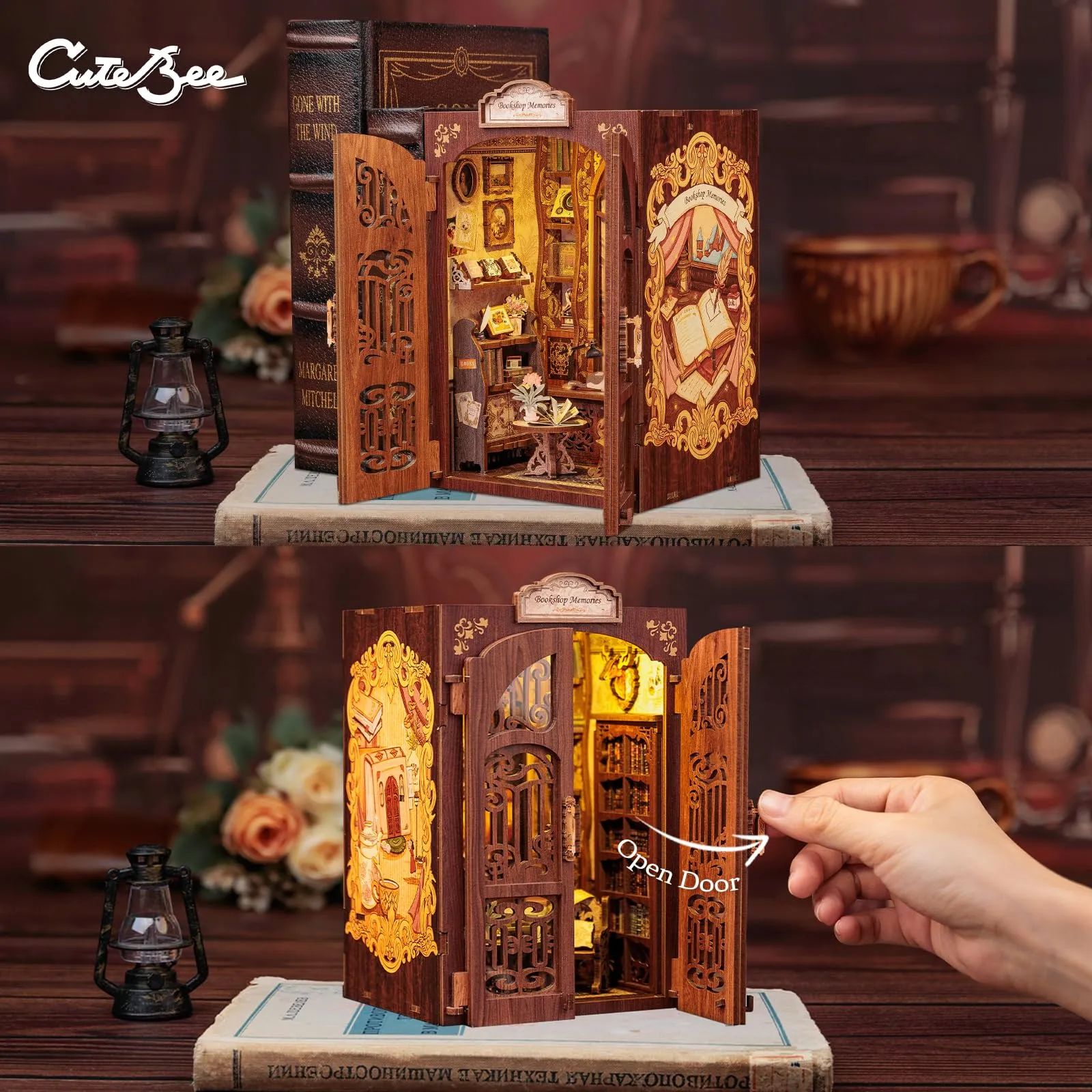 CUTEBEE Book Nook Kit Bookshop Memories, Casa delle Bambole in Miniatura con Luce LED e Protezione Antipolvere - immagine 3