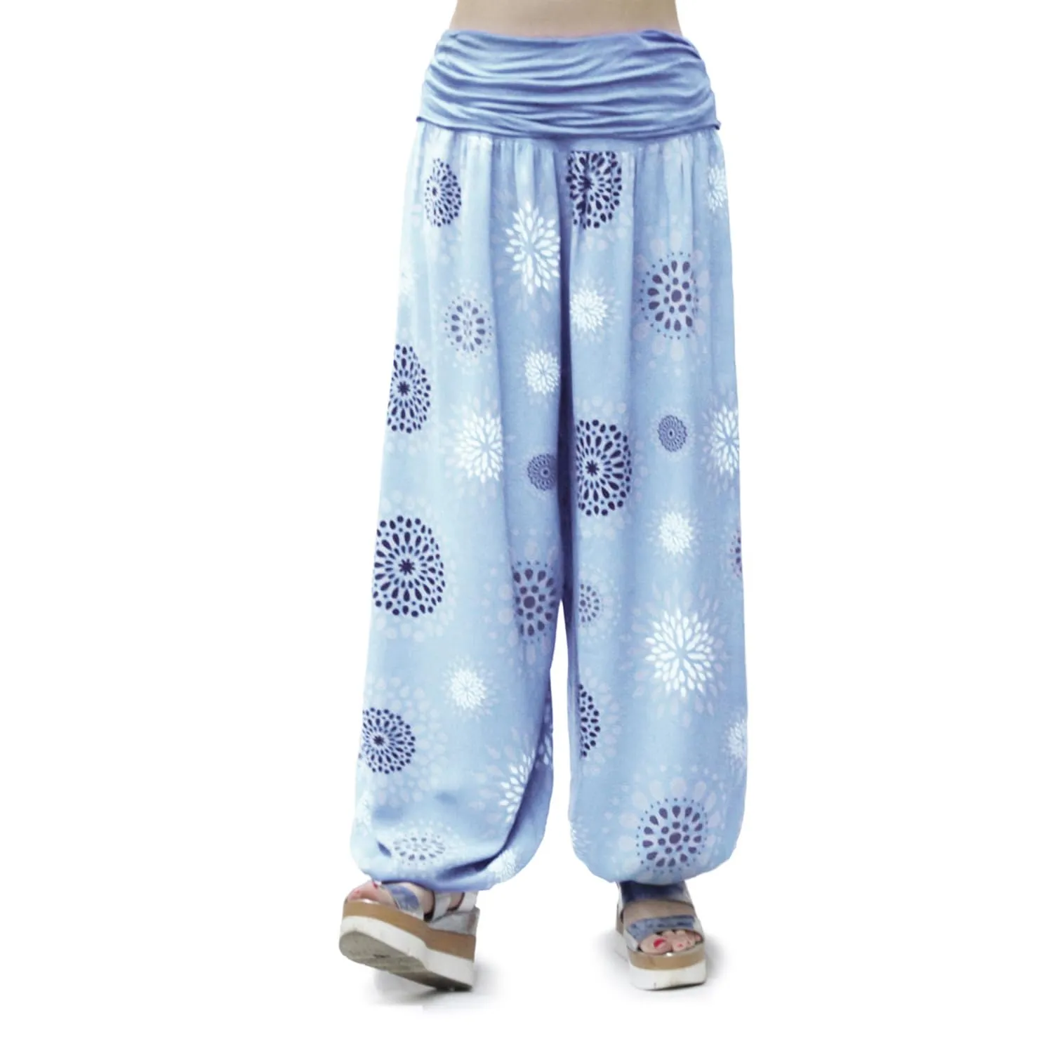 GLAMEXX24 Pantaloni Harem Donna in Viscosa a Stelle, Larga Casual per Yoga, Pilates e Danza, Blu Cielo con Motivo a Cerchi - immagine 1