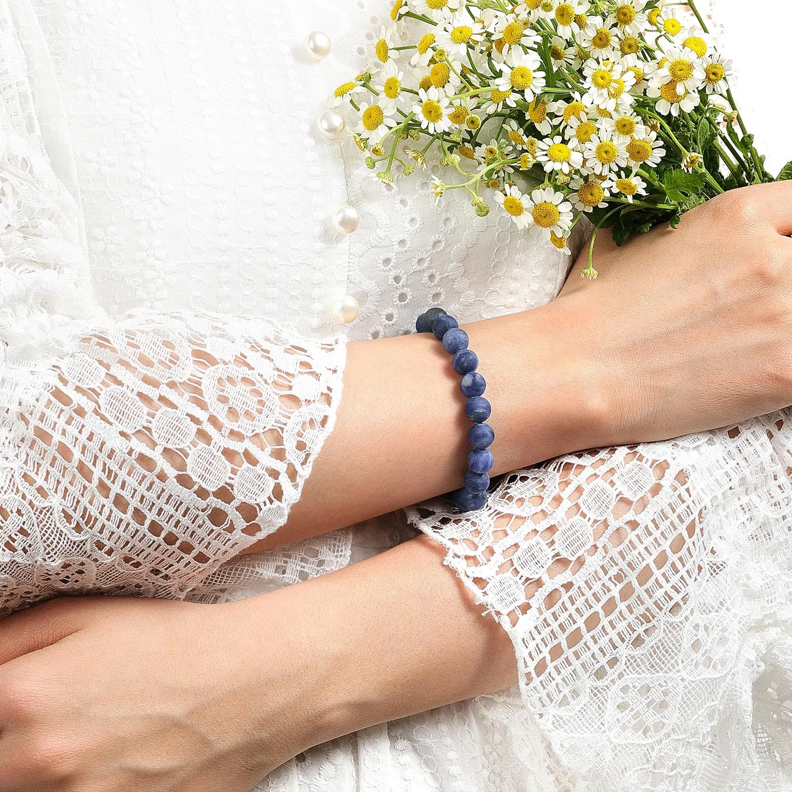 Landorilo Bracciale in Pietre Naturali Blu A Righe Scrub per Donna e Uomo, 19cm - immagine 2