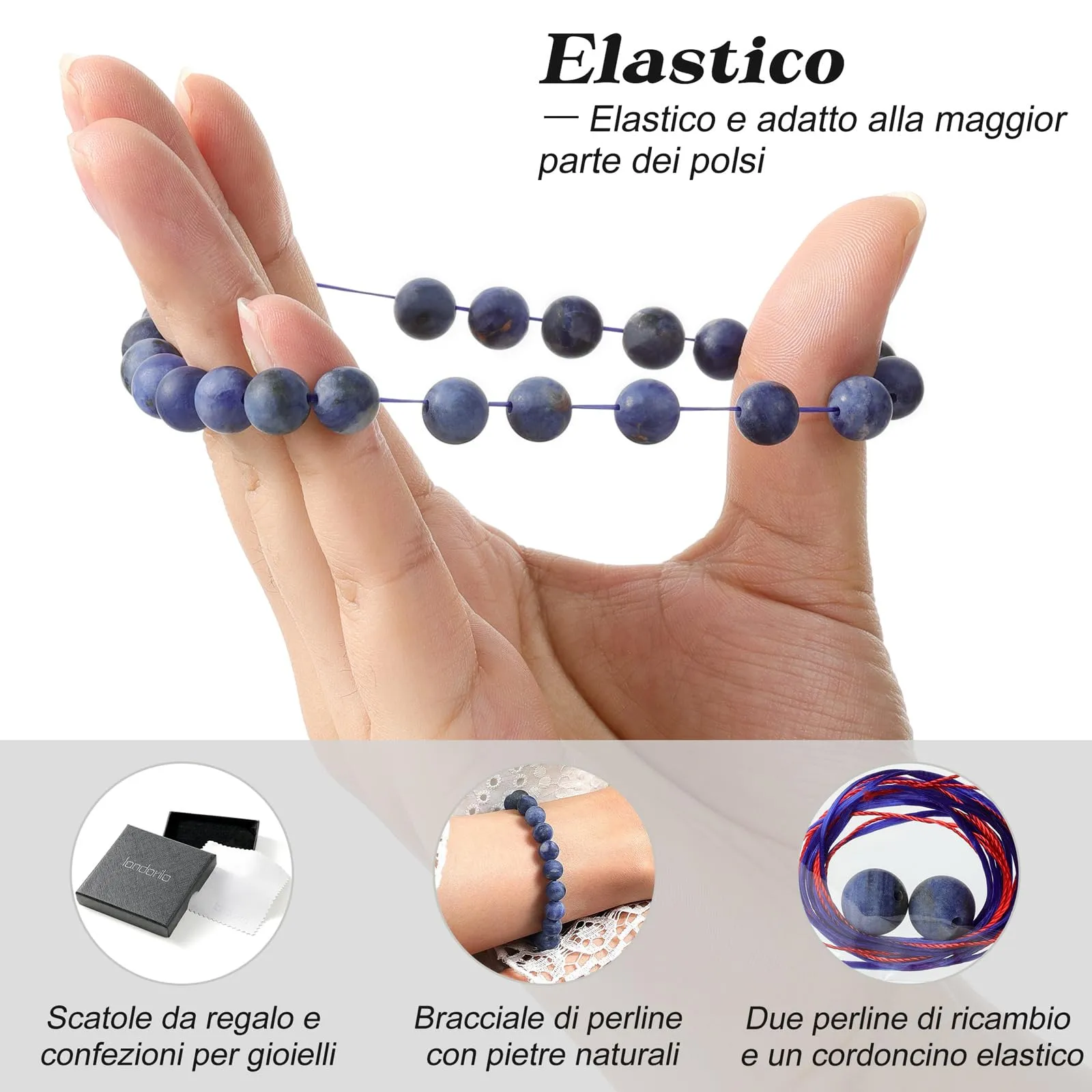 Landorilo Bracciale in Pietre Naturali Blu A Righe Scrub per Donna e Uomo, 19cm - immagine 5