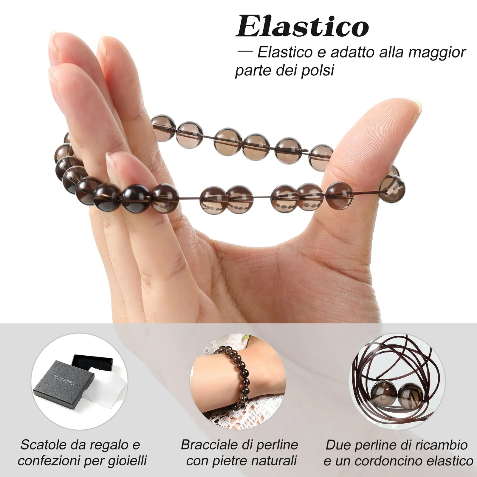 Landorilo Bracciale in Pietre Naturali Quarzo Fumé per Donna e Uomo - immagine 5