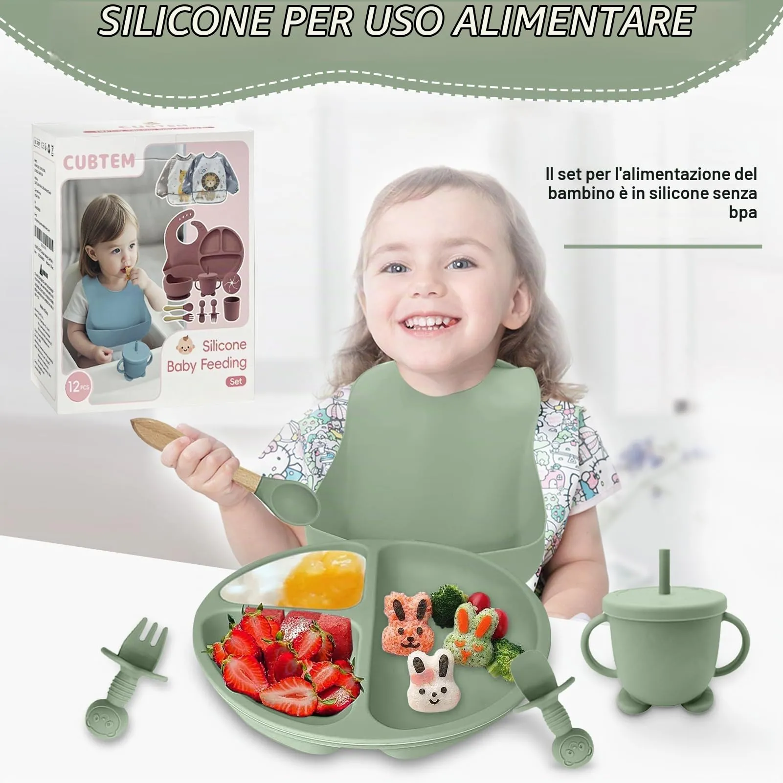 CUBTEM Set Pappa Svezzamento 12 Pezzi, Piatti e Ciotola con Ventosa, Bavaglino in Silicone e Posate per Neonati - immagine 2