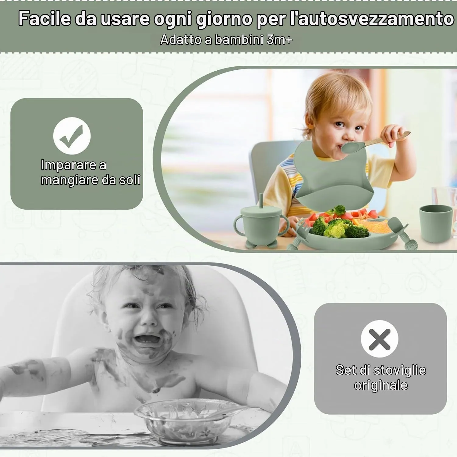 CUBTEM Set Pappa Svezzamento 12 Pezzi, Piatti e Ciotola con Ventosa, Bavaglino in Silicone e Posate per Neonati - immagine 3