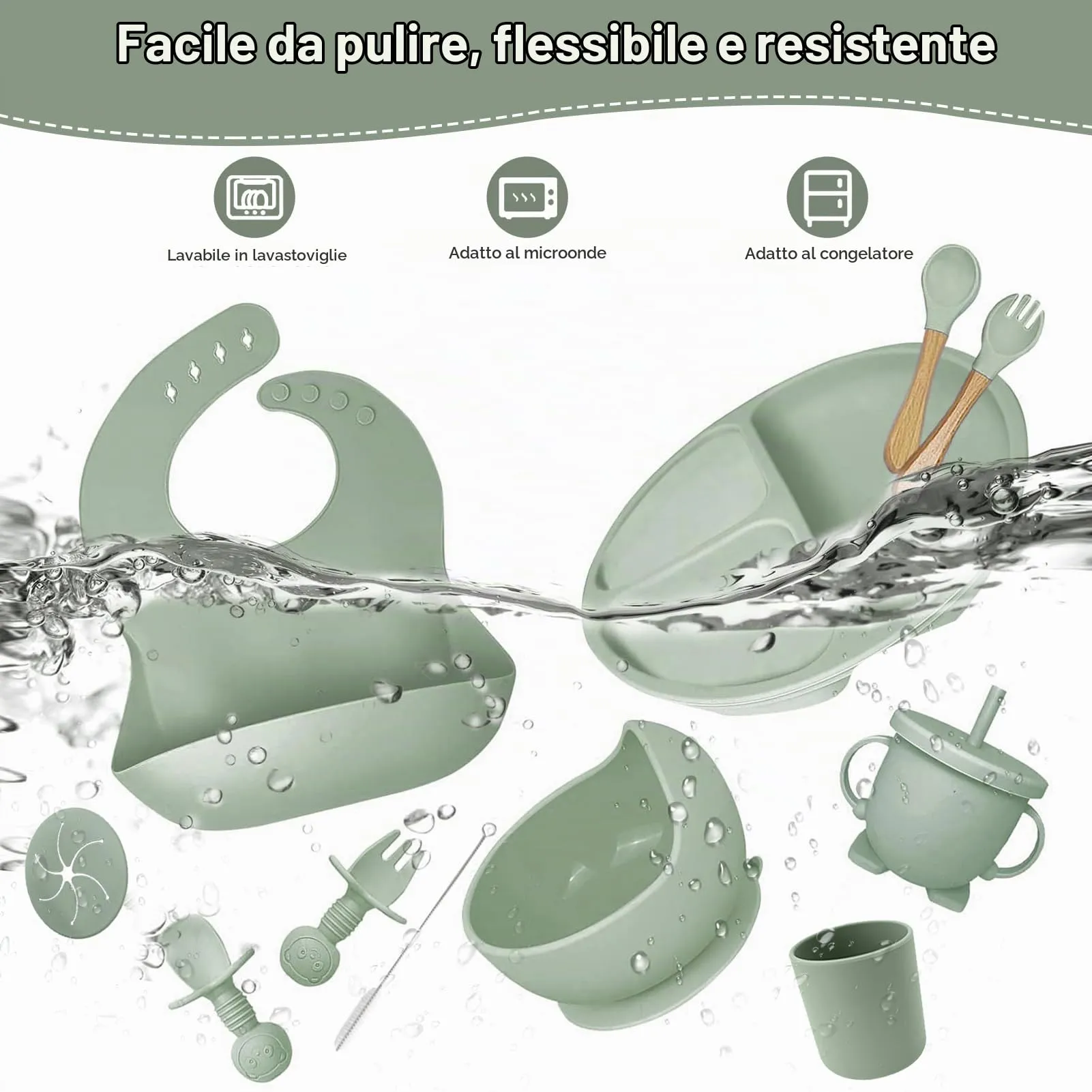 CUBTEM Set Pappa Svezzamento 12 Pezzi, Piatti e Ciotola con Ventosa, Bavaglino in Silicone e Posate per Neonati - immagine 4
