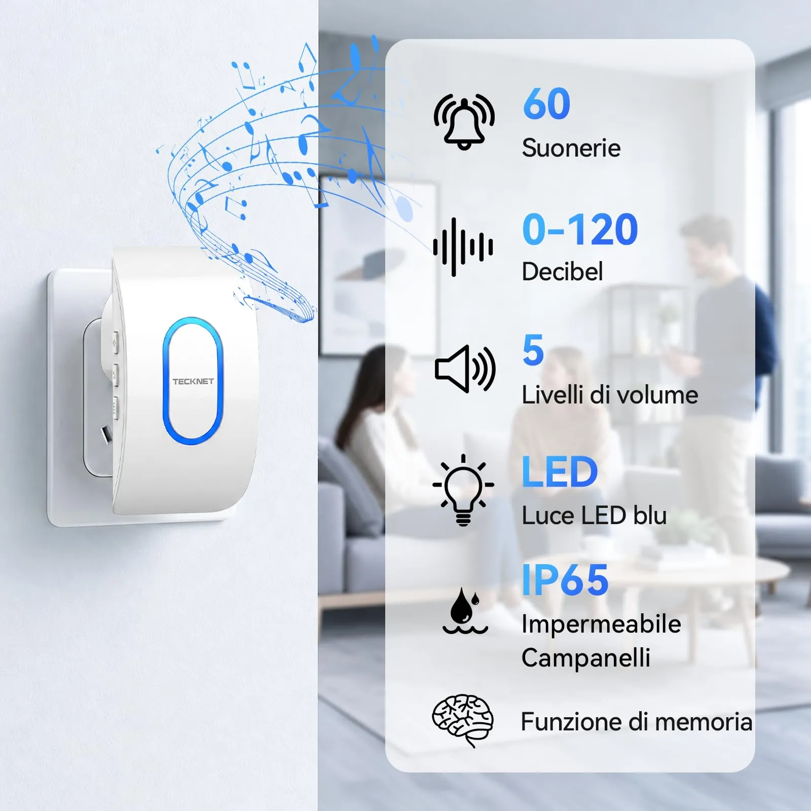 TECKNET Campanello Senza Fili TK-WD004, Portata 400m, 60 Melodie, 5 Livelli di Volume, 1 Trasmettitore + 2 Ricevitori, Bianco - immagine 3
