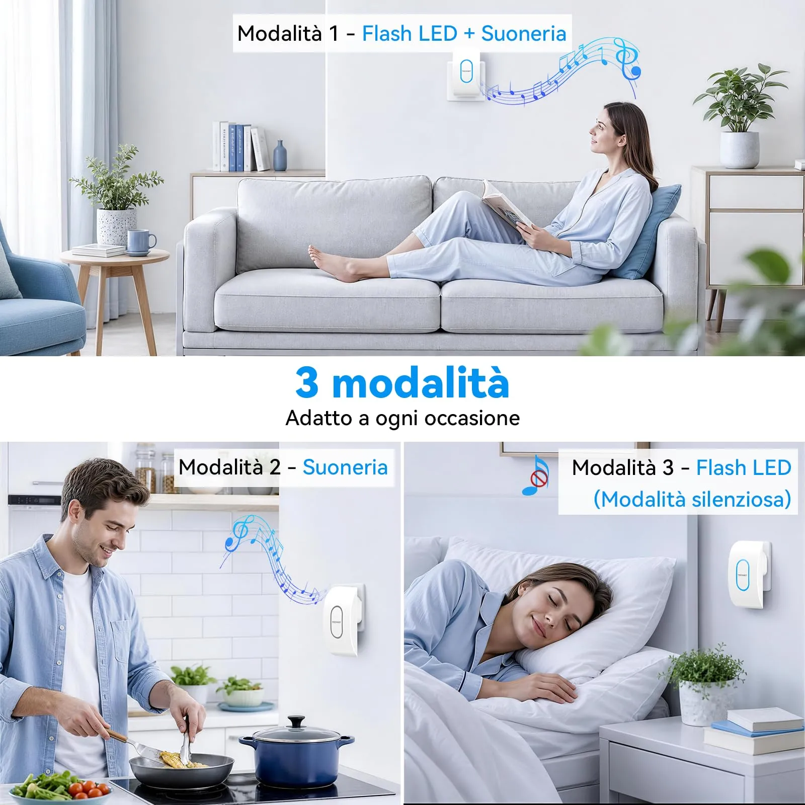 TECKNET Campanello Senza Fili TK-WD004, Portata 400m, 60 Melodie, 5 Livelli di Volume, 1 Trasmettitore + 2 Ricevitori, Bianco - immagine 4