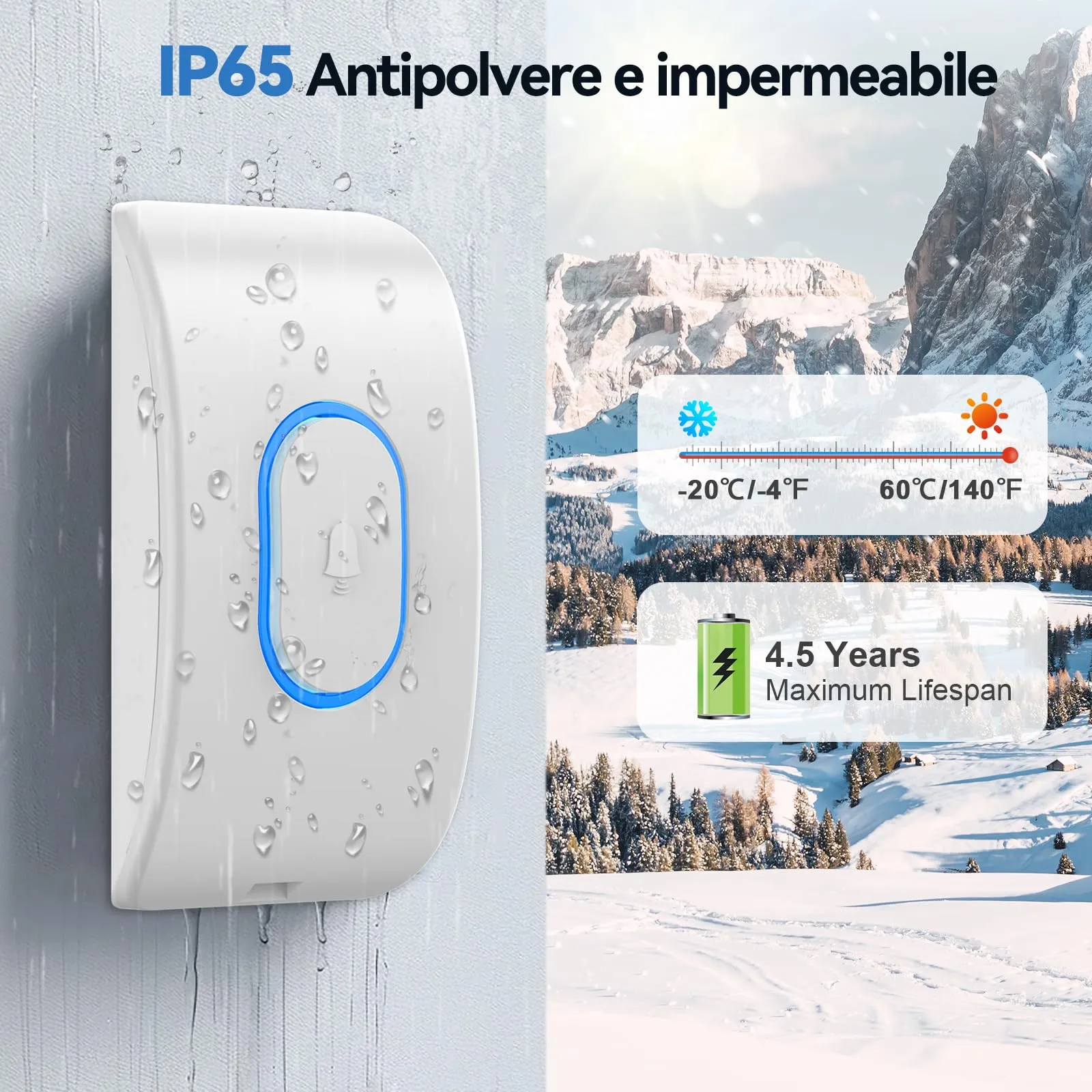 TECKNET Campanello Senza Fili TK-WD004, Portata 400m, 60 Melodie, 5 Livelli di Volume, 1 Trasmettitore + 2 Ricevitori, Bianco - immagine 5