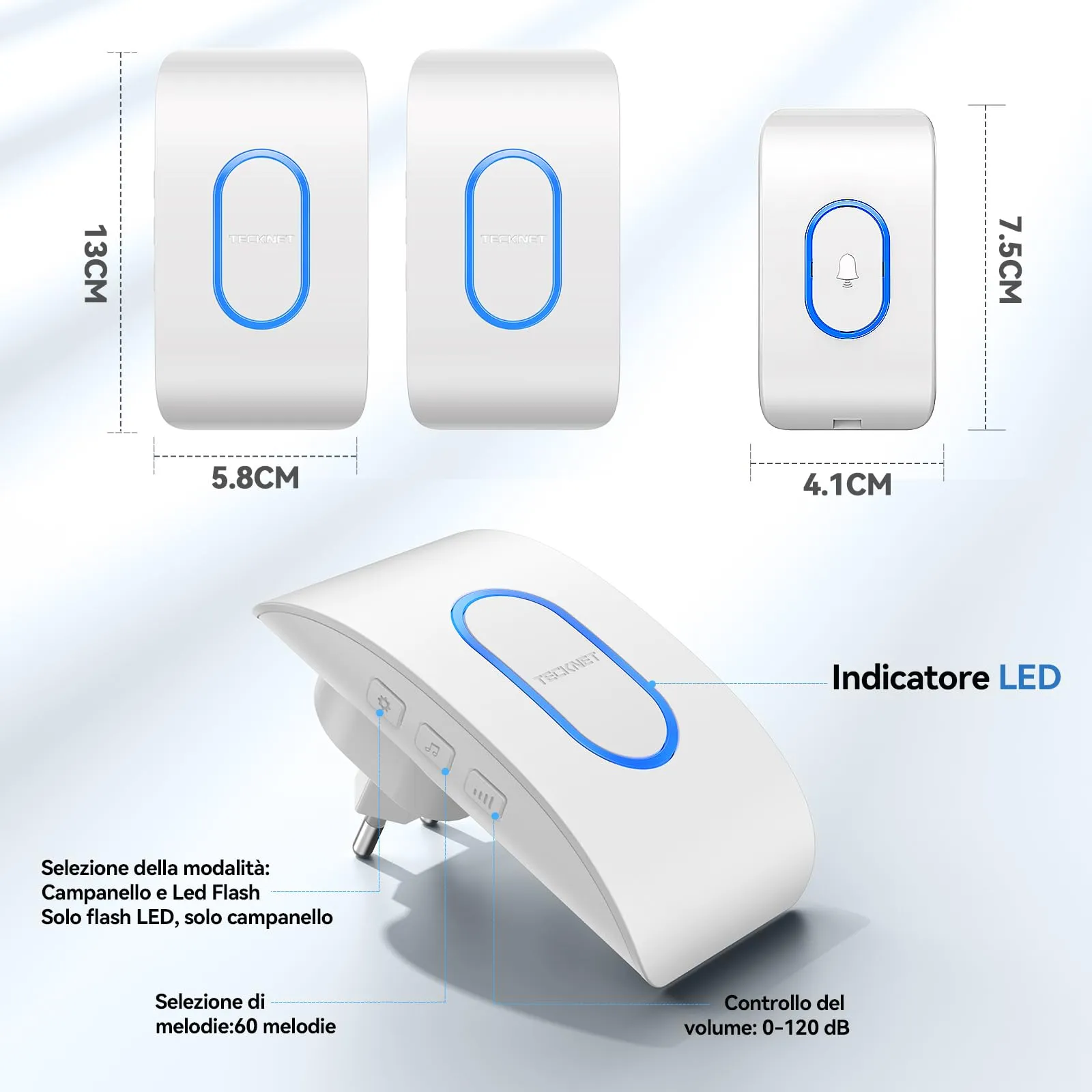 TECKNET Campanello Senza Fili TK-WD004, Portata 400m, 60 Melodie, 5 Livelli di Volume, 1 Trasmettitore + 2 Ricevitori, Bianco - immagine 8