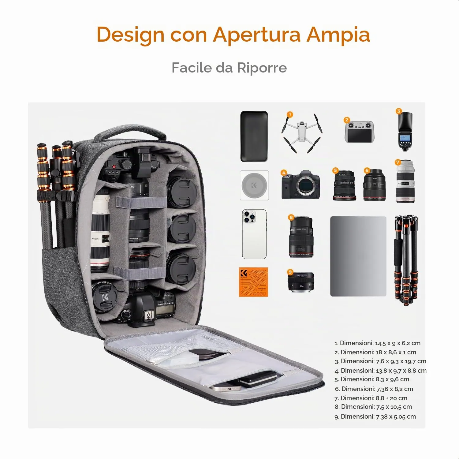 K&F Concept Zaino Fotografico Guscio Rigido Impermeabile, 44cm, Grigio - immagine 2