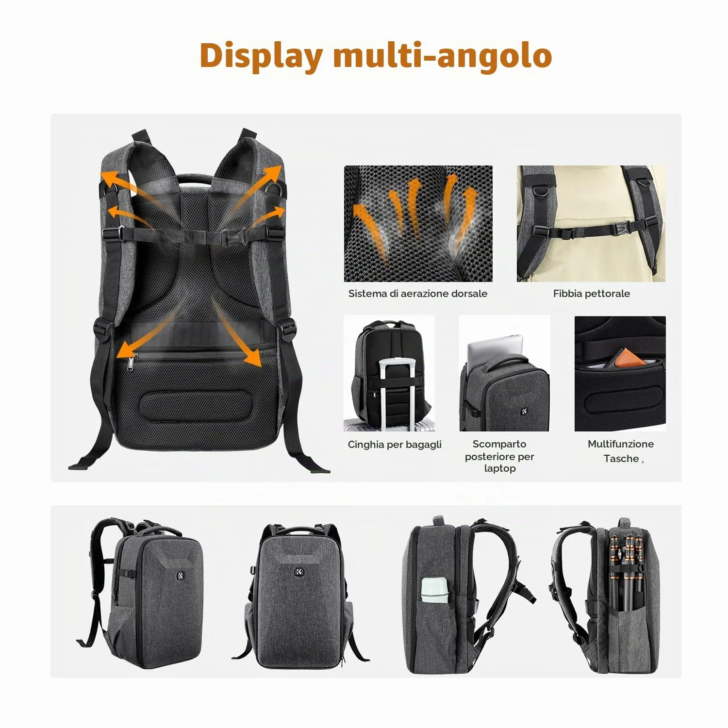 K&F Concept Zaino Fotografico Guscio Rigido Impermeabile, 44cm, Grigio - immagine 4