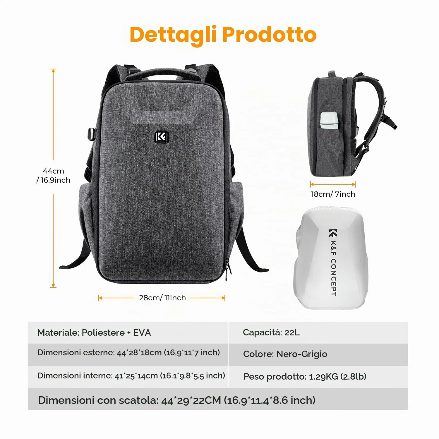 K&F Concept Zaino Fotografico Guscio Rigido Impermeabile, 44cm, Grigio - immagine 7