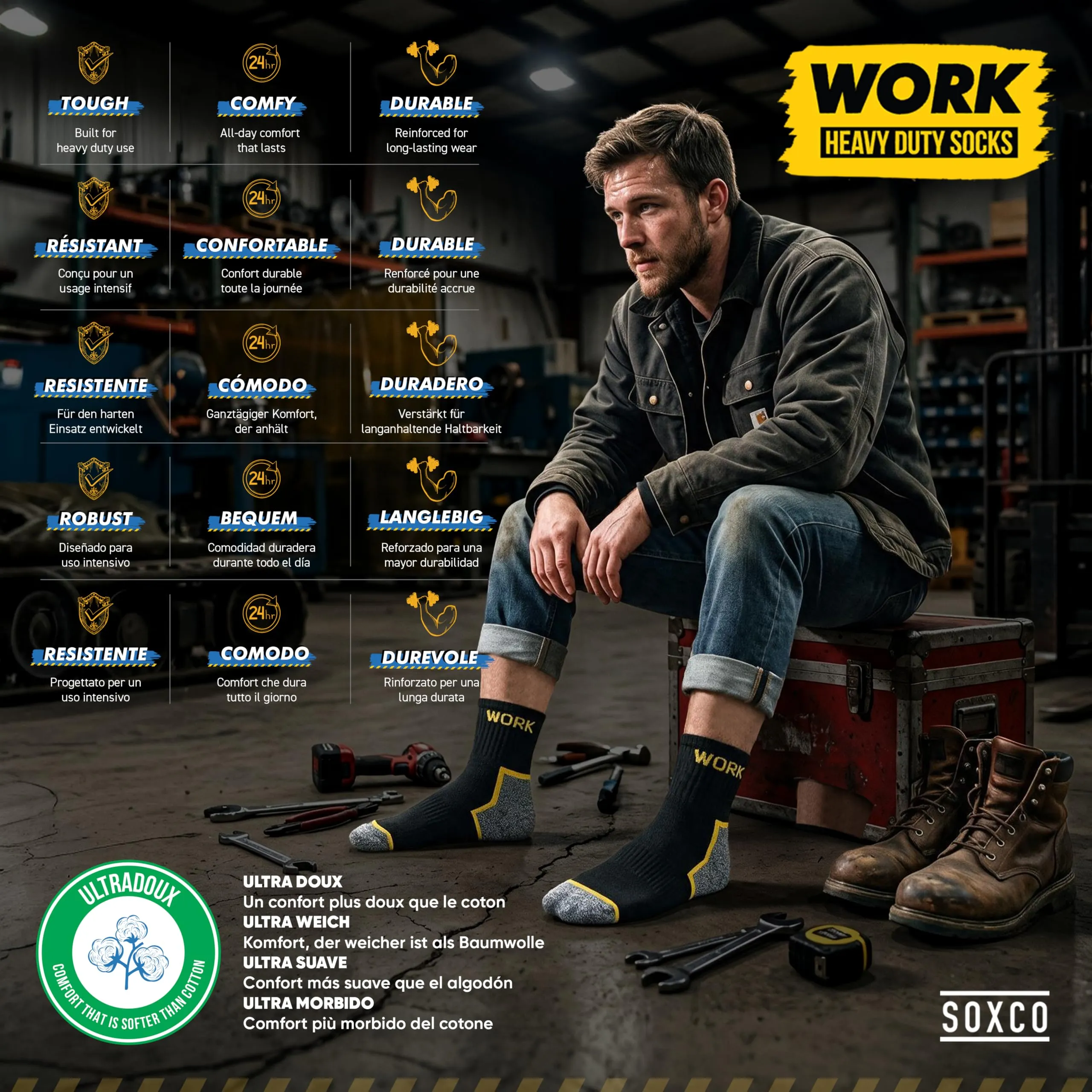 SOXCO Calze da Lavoro Uomo Rinforzate Quarto Lunghe, 10 Paia, 35-38 - immagine 6