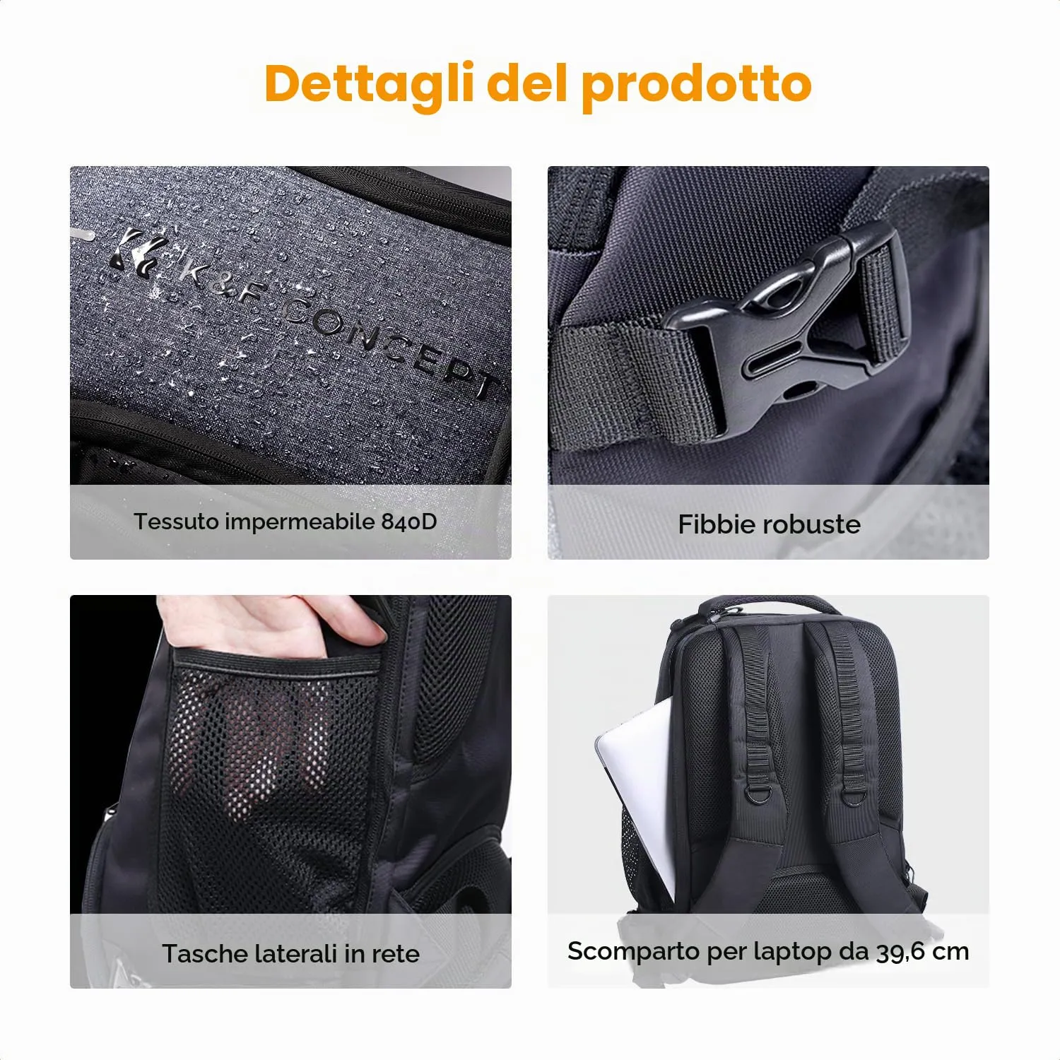 K&F Concept Zaino Fotografico 25L Impermeabile, Nero Grigio - immagine 6