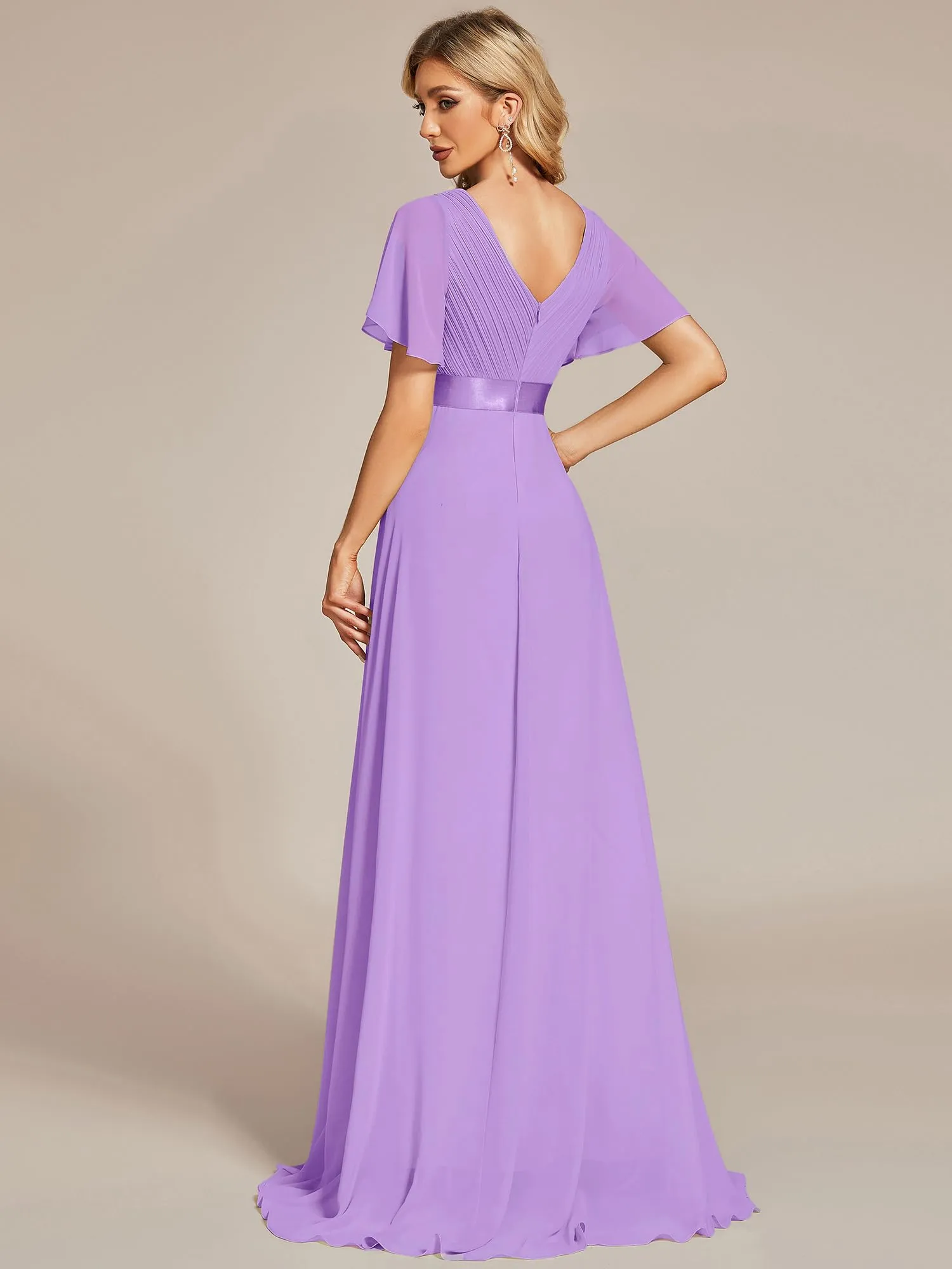 Ever-Pretty Vestito da Cerimonia Donna Scollo a V Linea ad A con Spacco Lavanda 48 - immagine 2