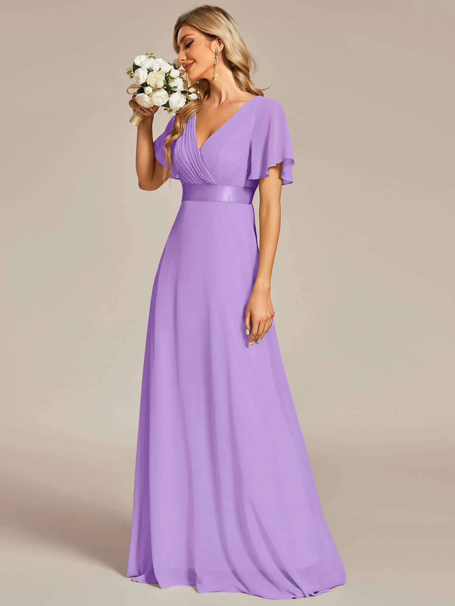 Ever-Pretty Vestito da Cerimonia Donna Scollo a V Linea ad A con Spacco Lavanda 48 - immagine 4