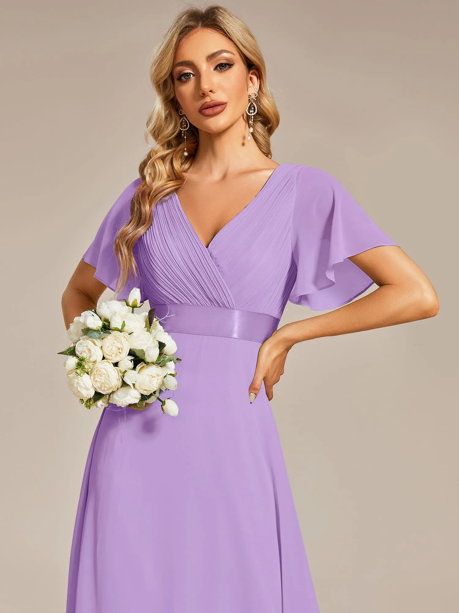 Ever-Pretty Vestito da Cerimonia Donna Scollo a V Linea ad A con Spacco Lavanda 48 - immagine 5