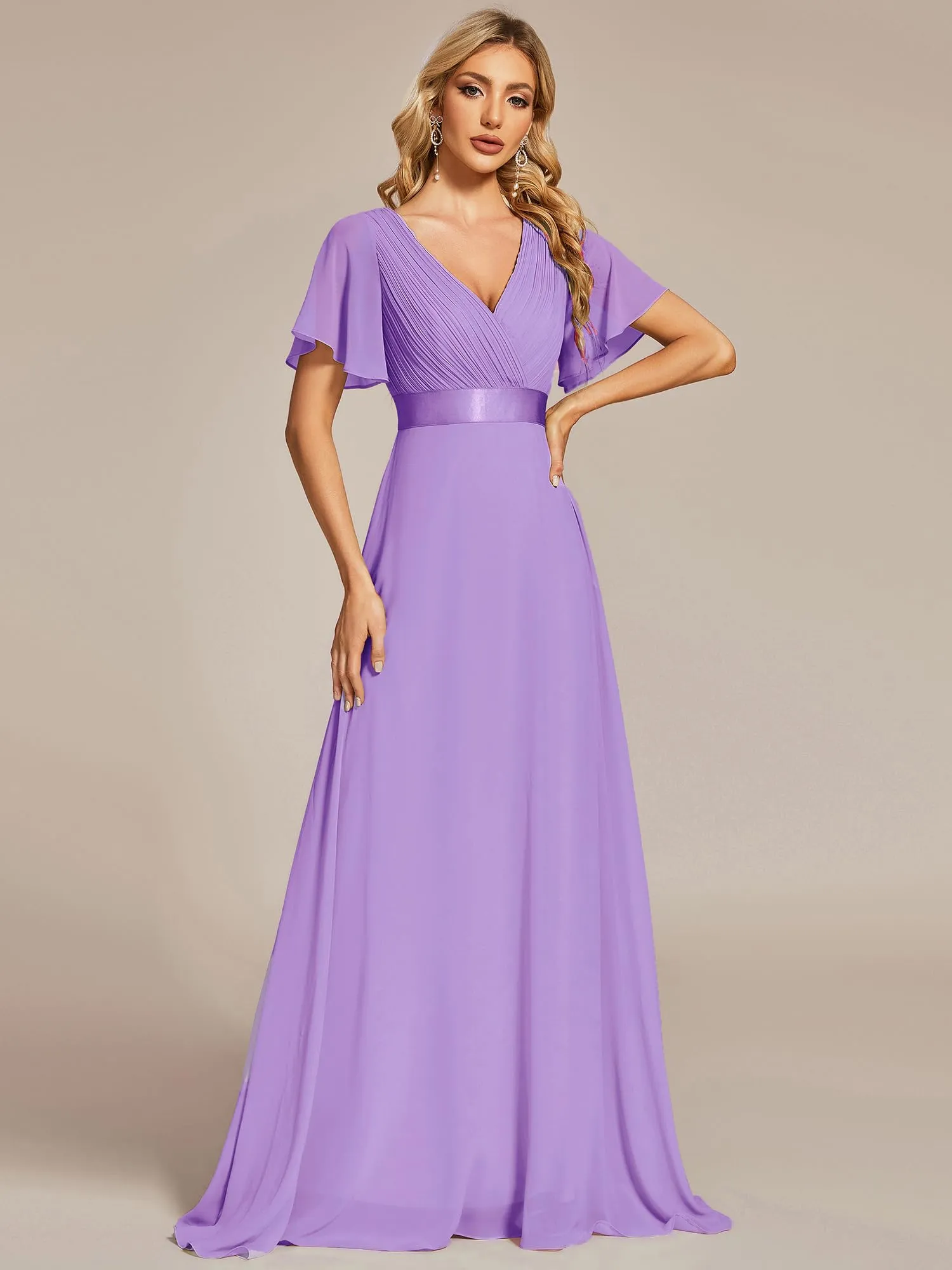 Ever-Pretty Abito da Cerimonia Donna Scollo a V Linea ad A con Spacco, Lavanda, 42 - immagine 3