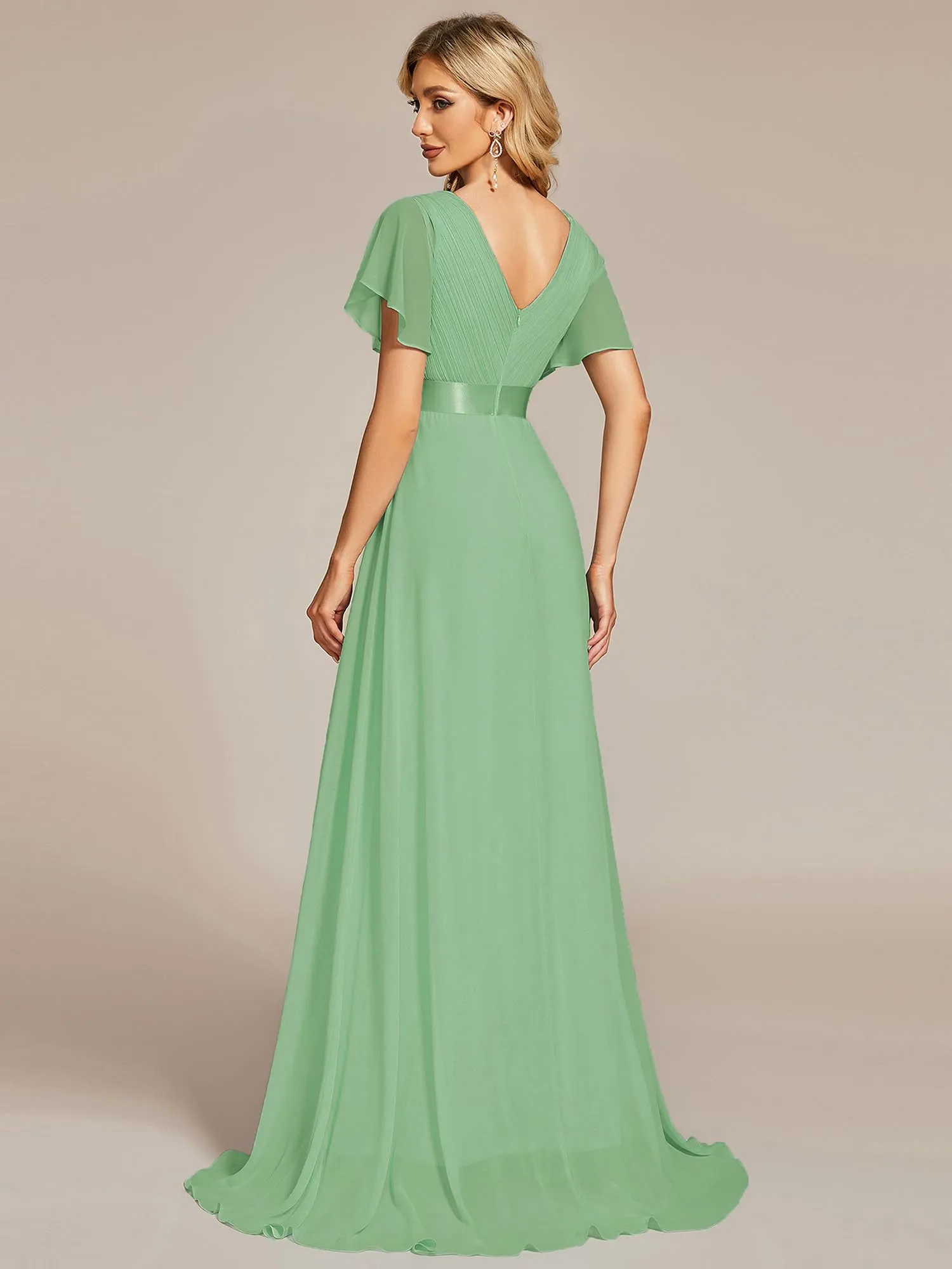 Ever-Pretty Vestito da Cerimonia Donna Scollo a V Linea ad A con Spacco Verde Salvia 44 - immagine 2