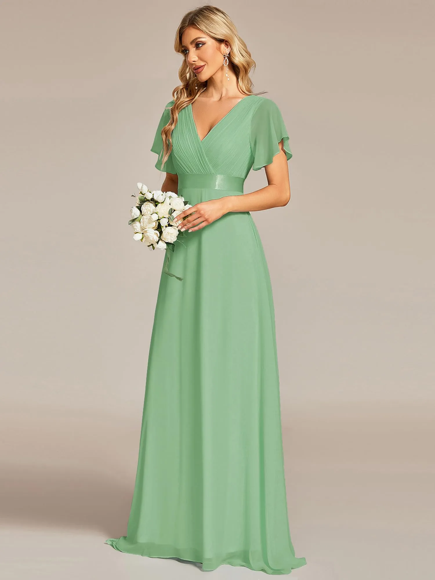 Ever-Pretty Vestito da Cerimonia Donna Scollo a V Linea ad A con Spacco Verde Salvia 42 - immagine 6
