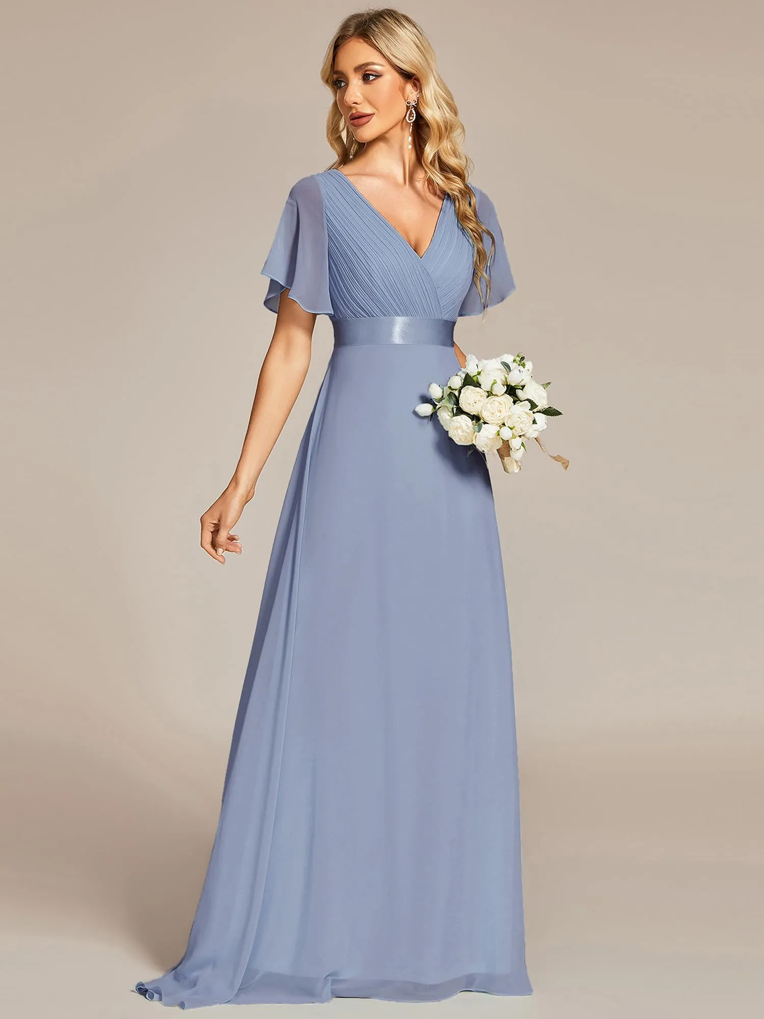 Ever-Pretty Vestito da Cerimonia Donna Scollo a V Linea ad A Blu Ardesia 40 - immagine 5