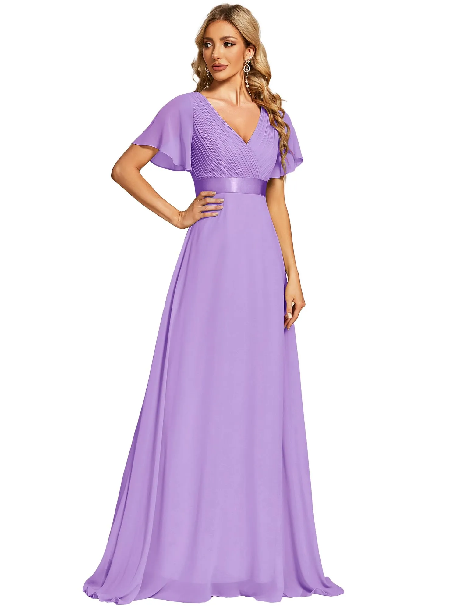 Ever-Pretty Vestito da Cerimonia Donna Scollo a V Linea ad A con Spacco Lavanda 54 - immagine 1