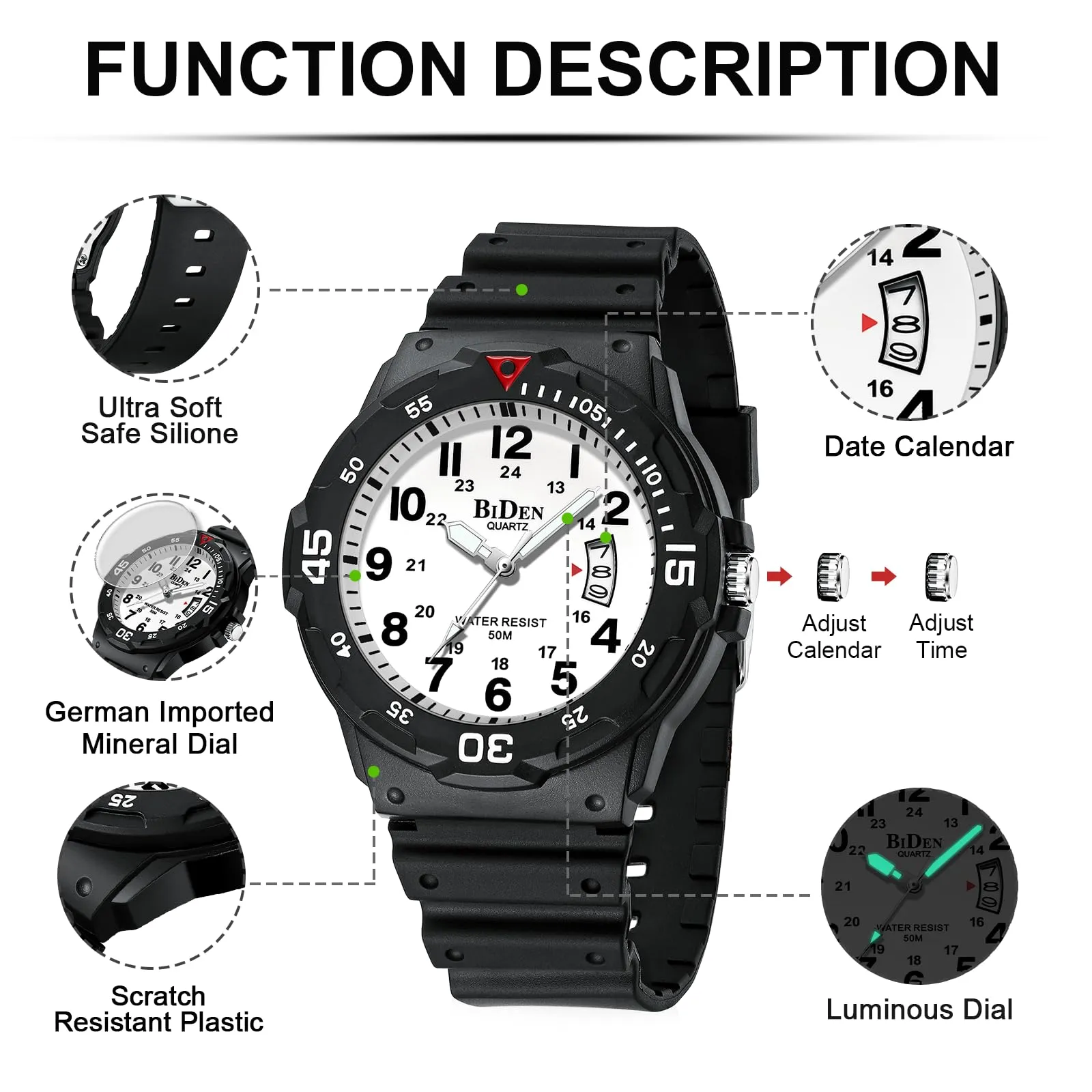 HANPOSH Orologio Uomo Analogico Quarzo Impermeabile con Data e Luminosa R009 - immagine 7