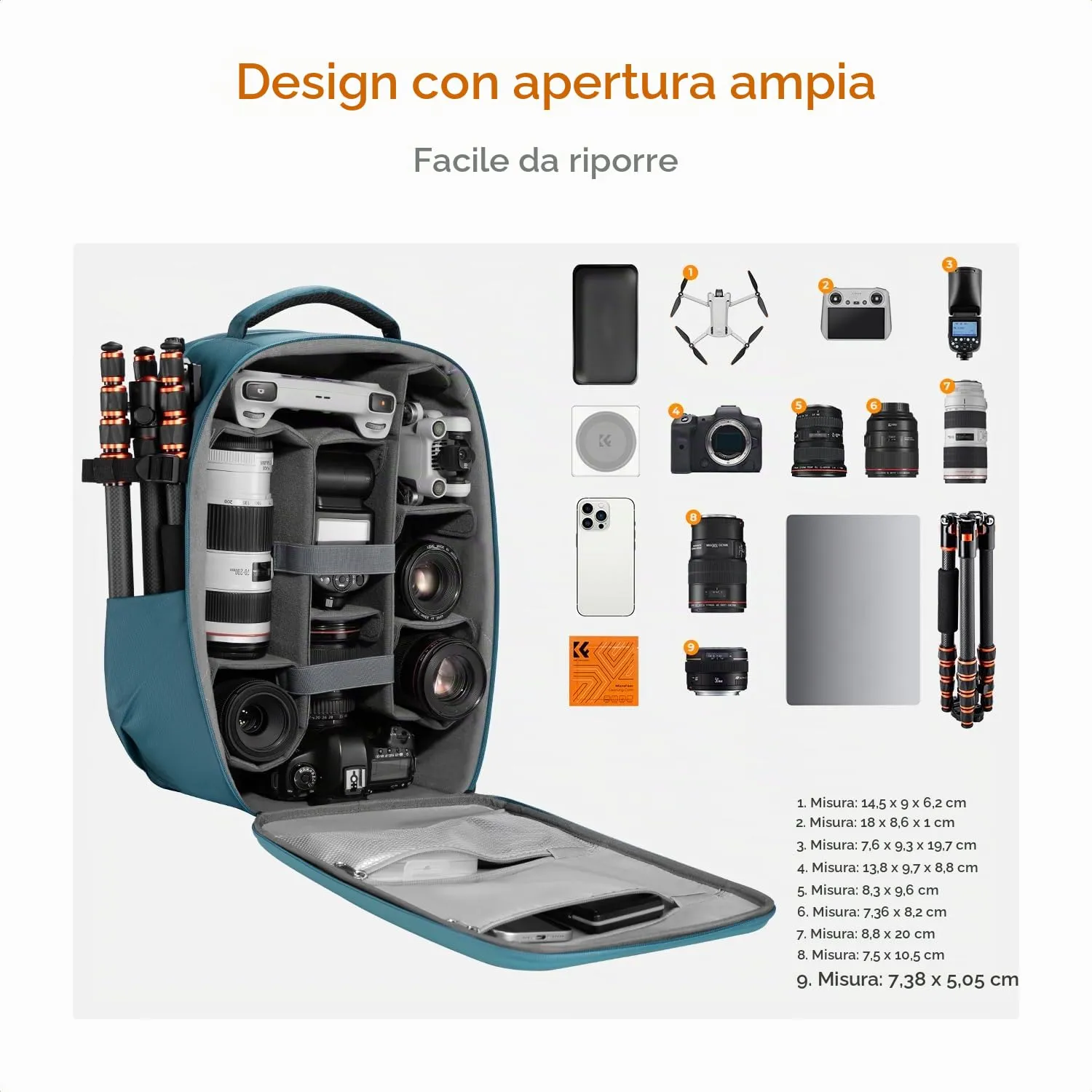 K&F Concept Zaino Fotografico Antiurto Guscio Rigido Impermeabile 44cm, Blu - immagine 2