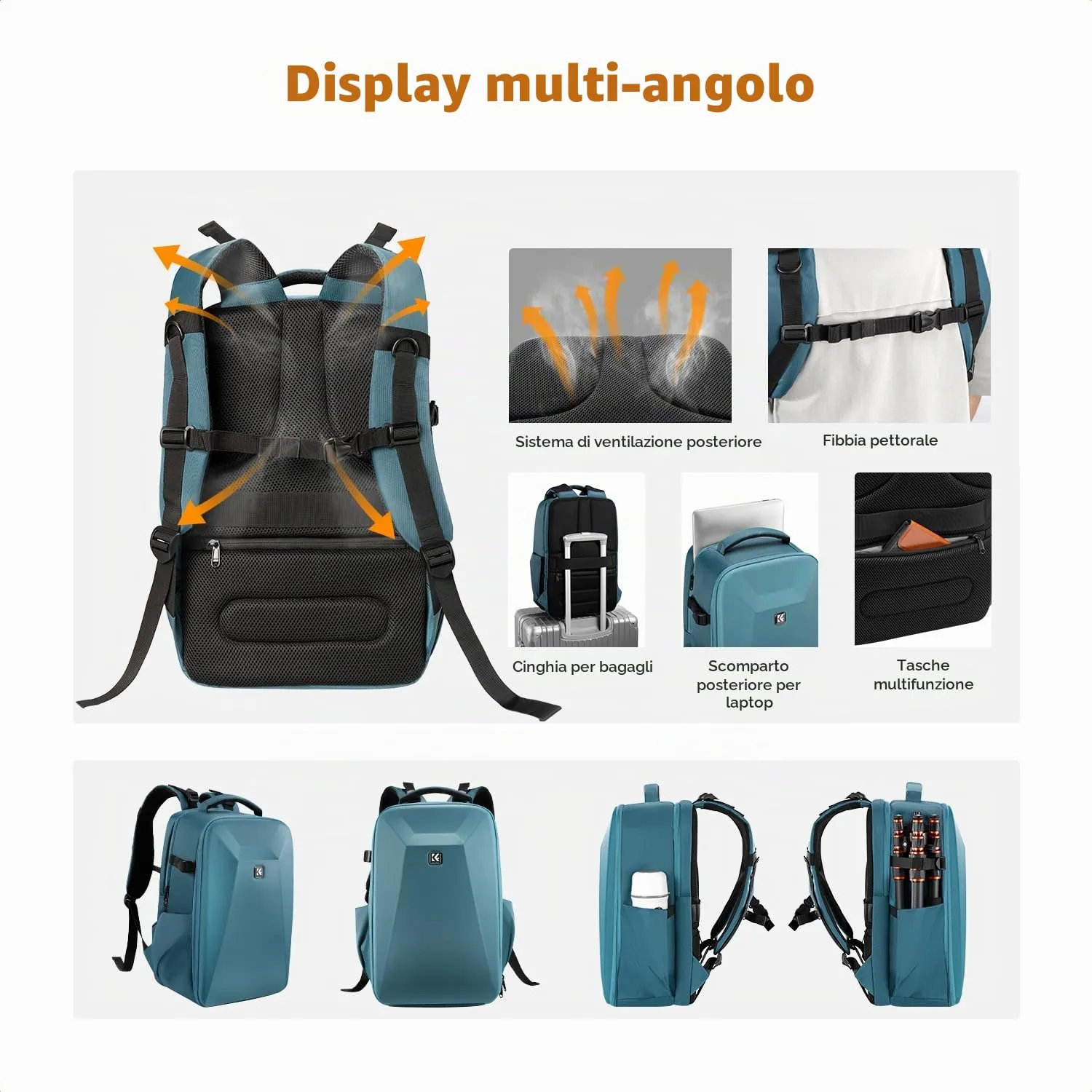 K&F Concept Zaino Fotografico Antiurto Guscio Rigido Impermeabile 44cm, Blu - immagine 4