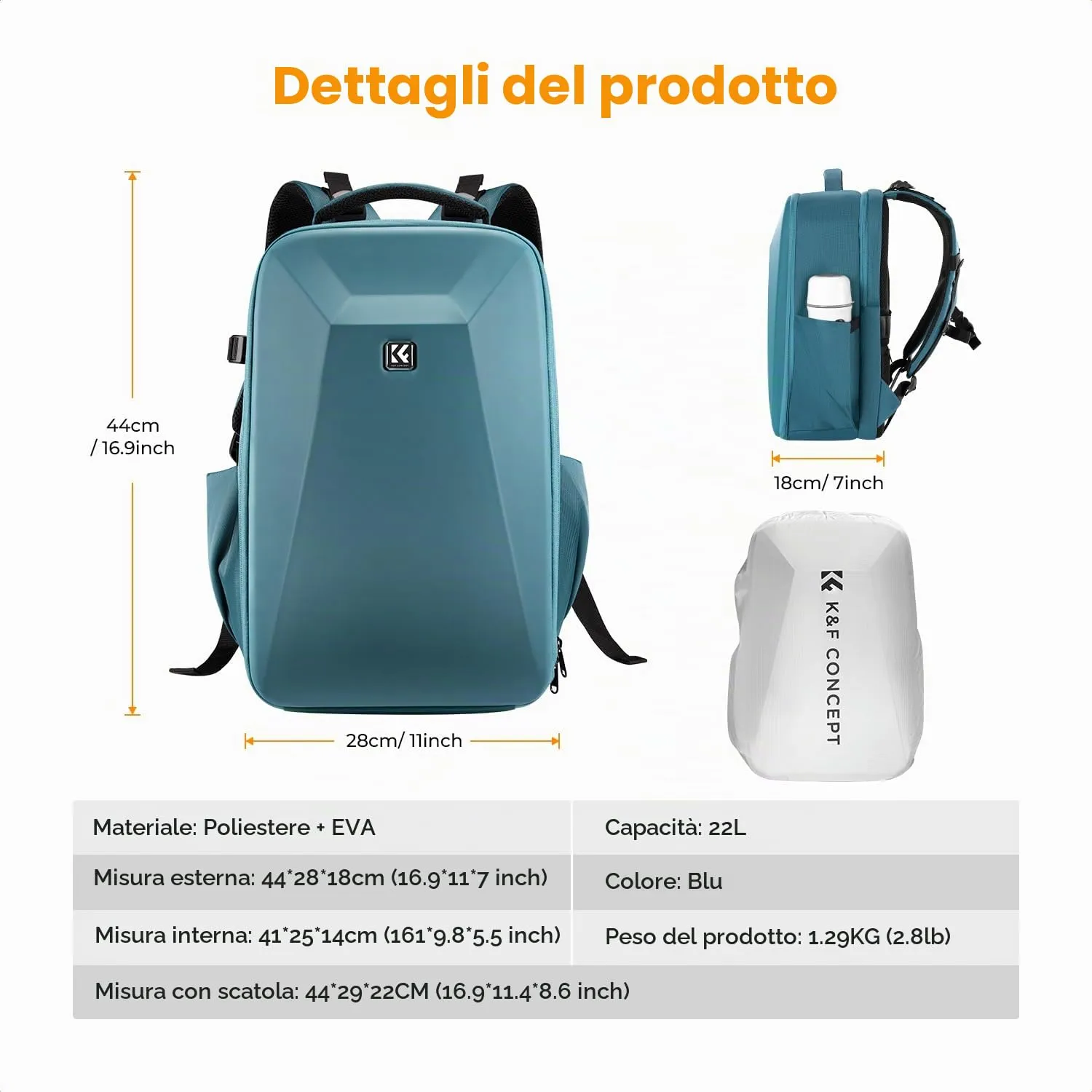 K&F Concept Zaino Fotografico Antiurto Guscio Rigido Impermeabile 44cm, Blu - immagine 7