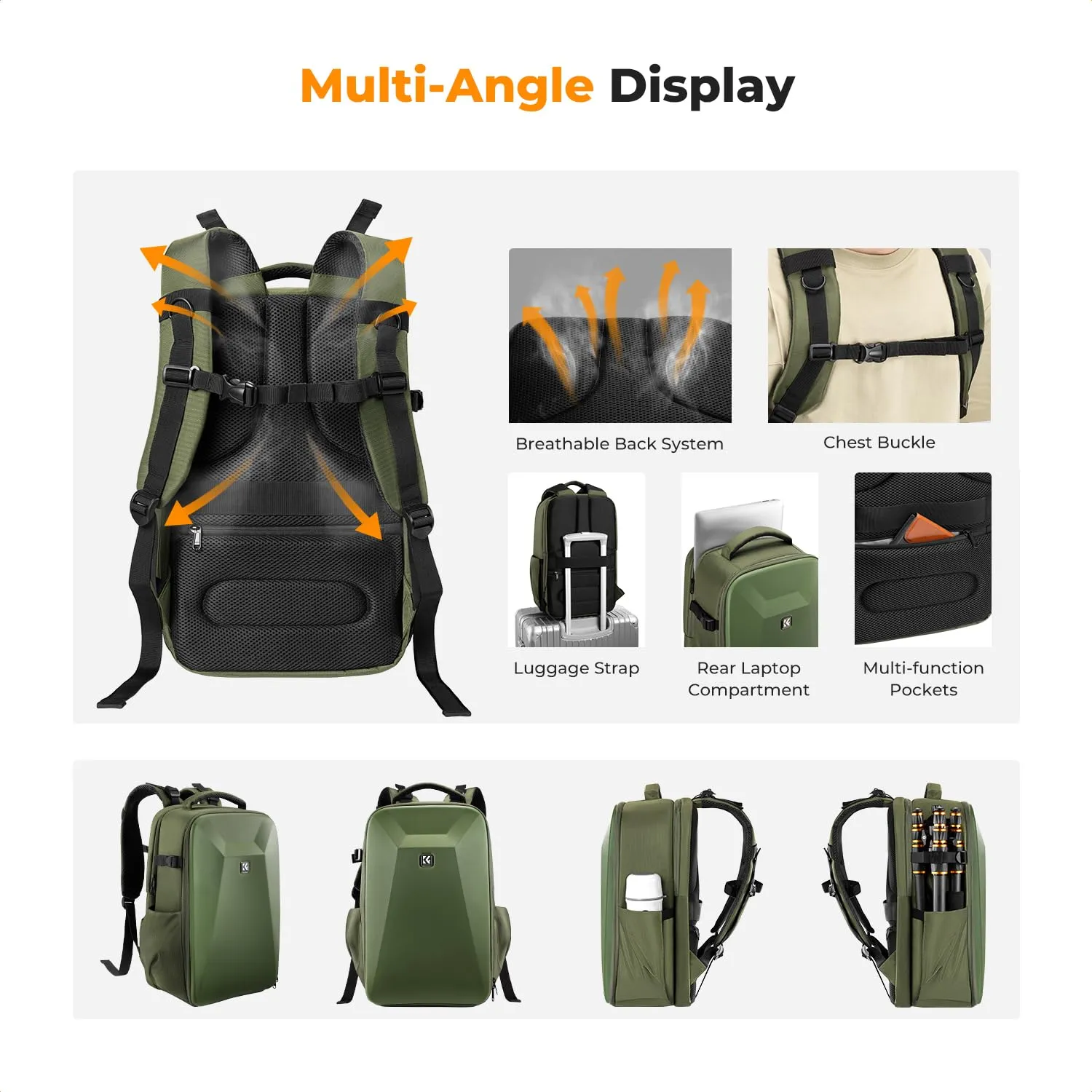 K&F Concept Zaino Fotografico Guscio Rigido Impermeabile 44cm Verde - immagine 4