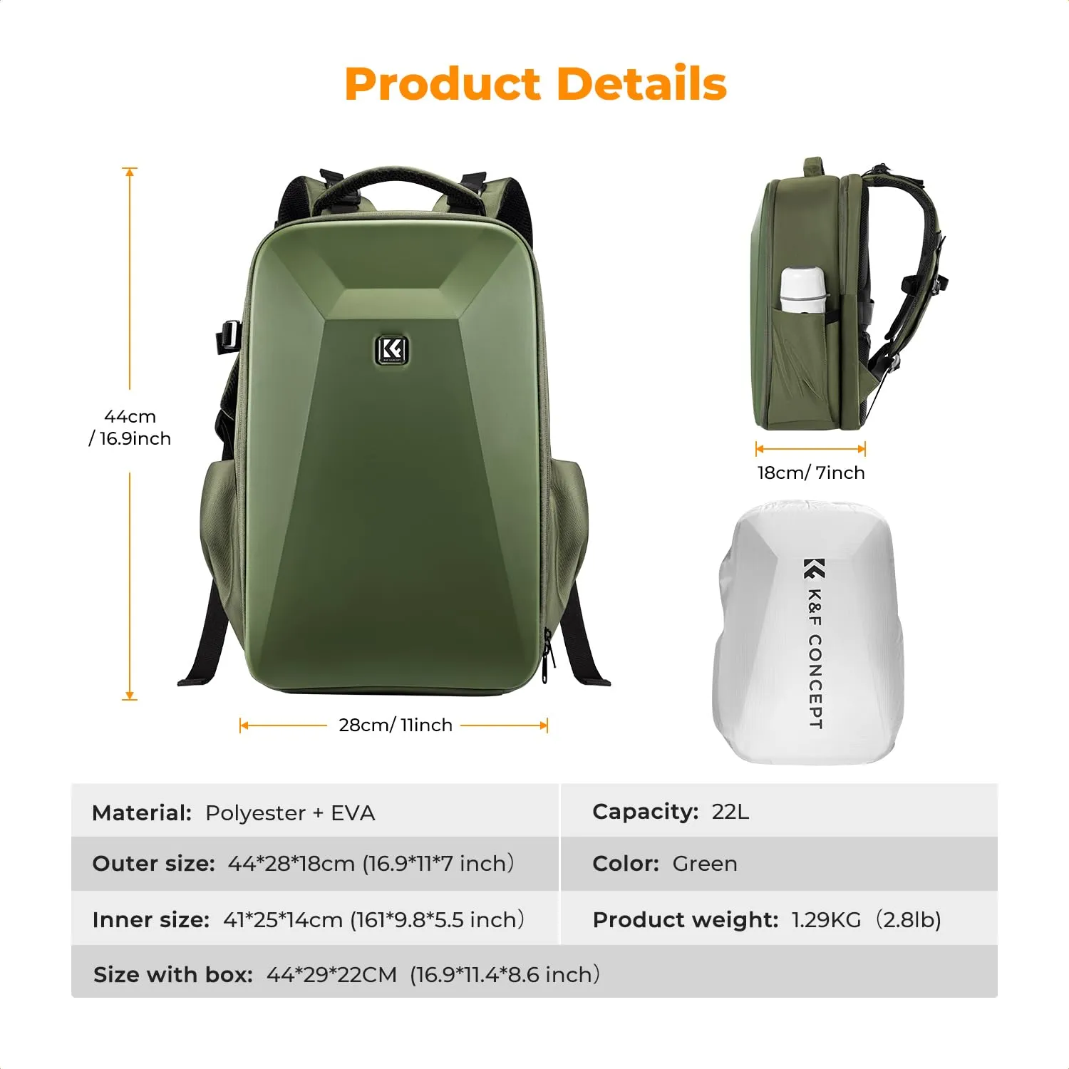 K&F Concept Zaino Fotografico Guscio Rigido Impermeabile 44cm Verde - immagine 7