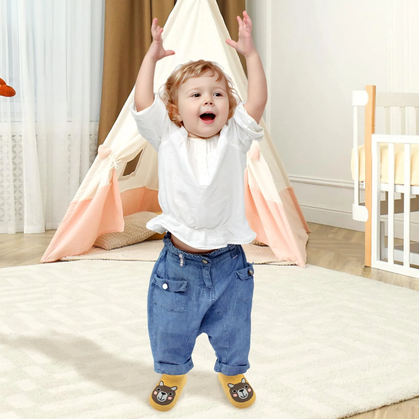 VEGCOO Calzini Antiscivolo in Cotone con Stampa Animali per Neonati e Bambini, 0-1 Anno, Multicolore, 7 Paia - immagine 2