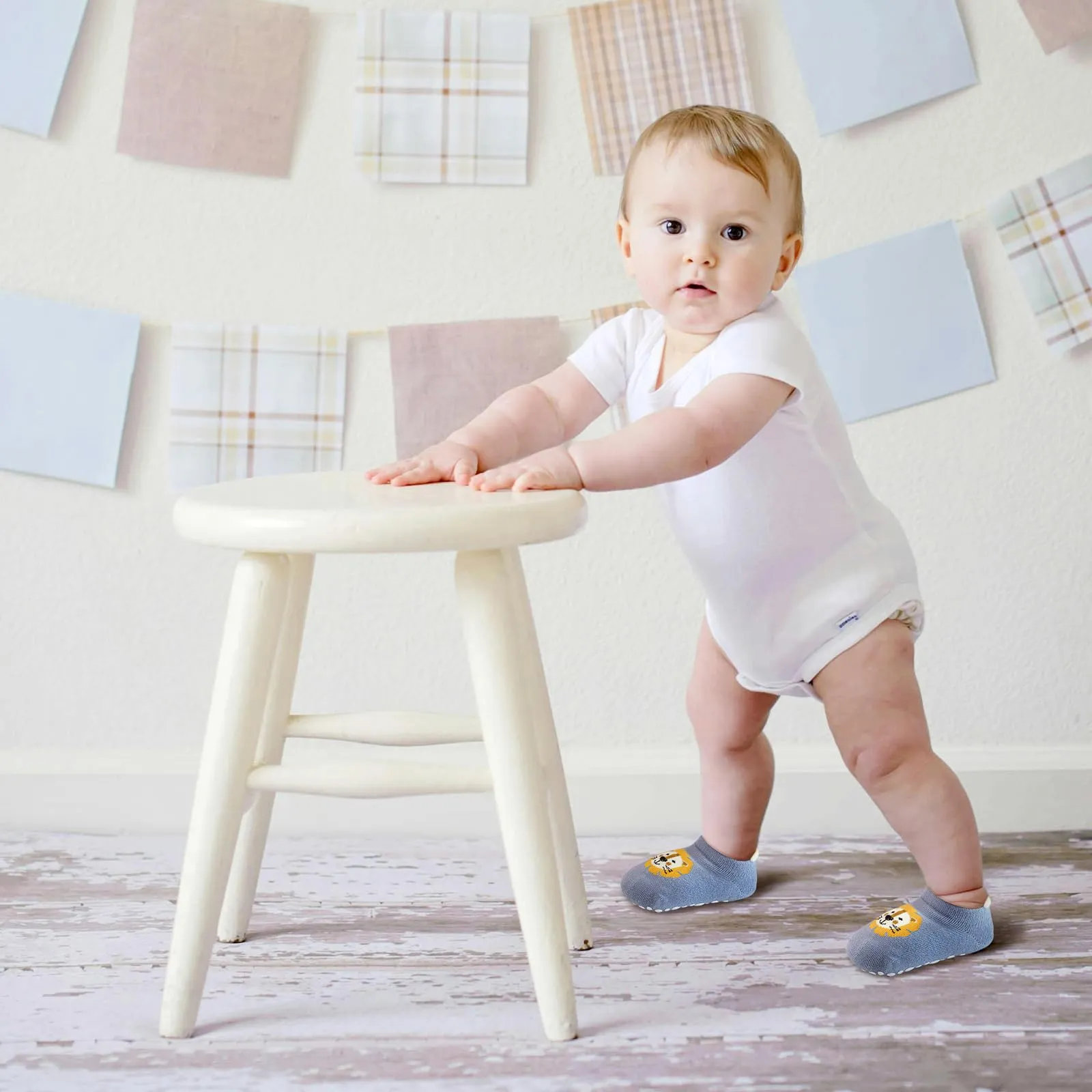 VEGCOO Calzini Antiscivolo in Cotone con Stampa Animali per Neonati e Bambini, 0-1 Anno, Multicolore, 7 Paia - immagine 3