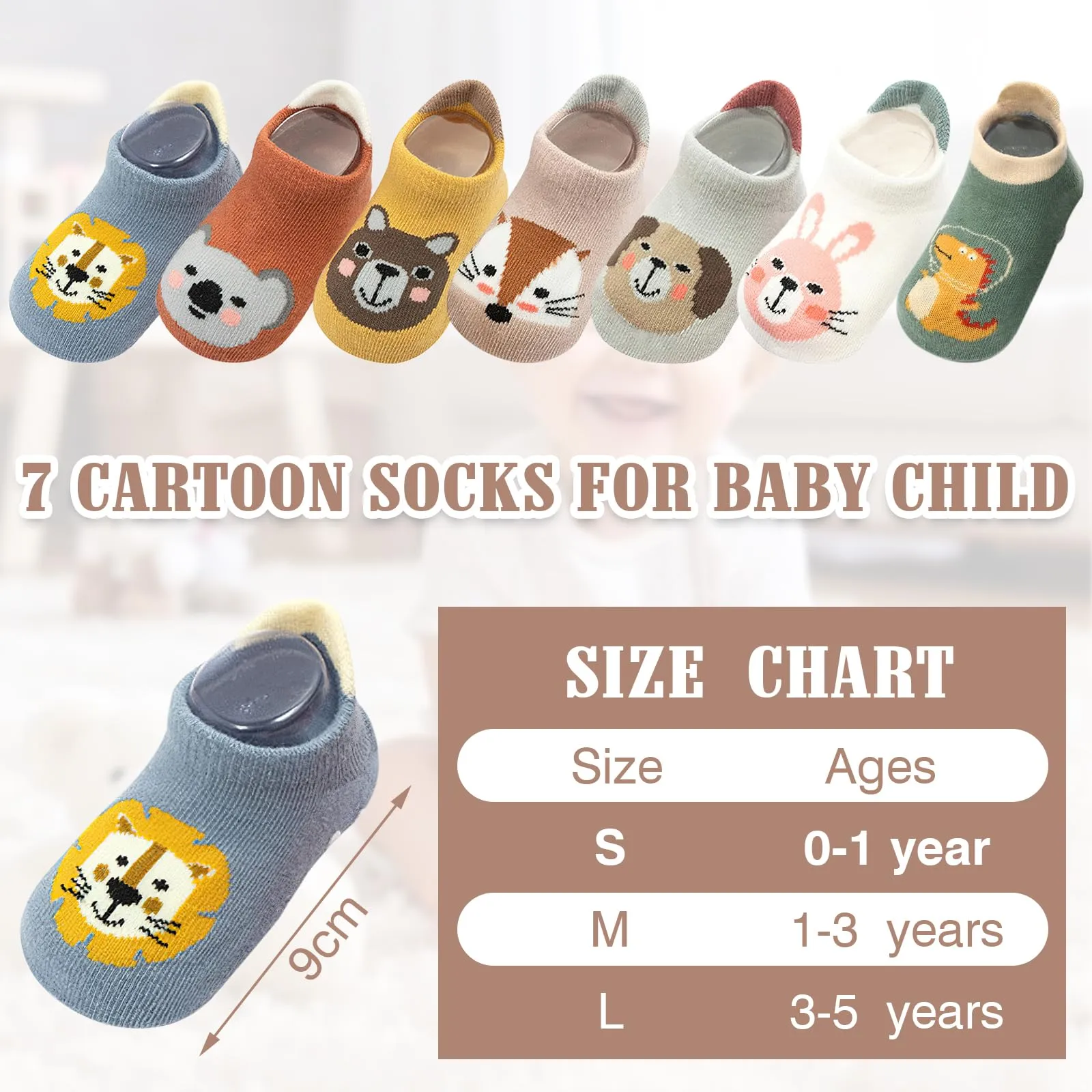 VEGCOO Calzini Antiscivolo in Cotone con Stampa Animali per Neonati e Bambini, 0-1 Anno, Multicolore, 7 Paia - immagine 4