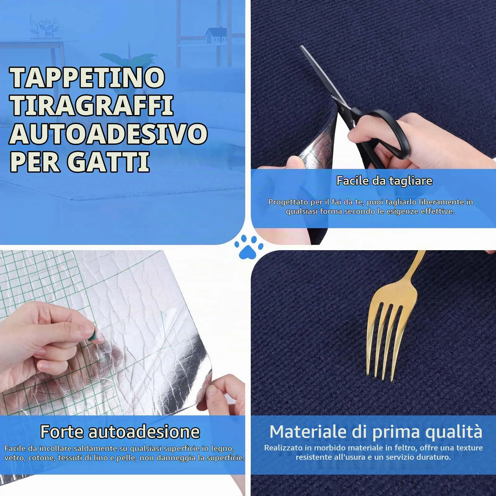 LSGCQ Tappeto Tiragraffi Adesivo Protezione Divano per Gatti, Blu Scuro, 40×400cm - immagine 3