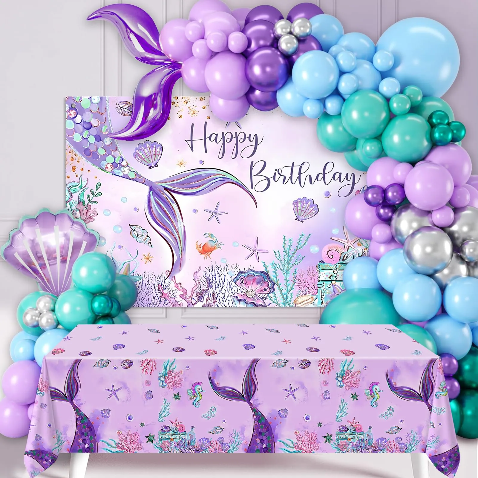 fairymaiden Kit Arco Palloncini Sirena con Tovaglia e Fondale, Addobbi per Compleanno Bambina e Baby Shower - immagine 1