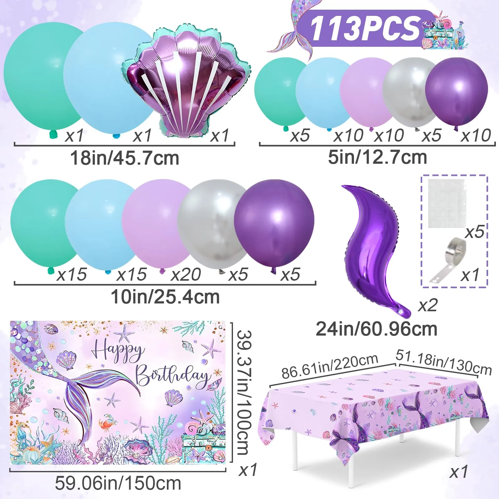 fairymaiden Kit Arco Palloncini Sirena con Tovaglia e Fondale, Addobbi per Compleanno Bambina e Baby Shower - immagine 2