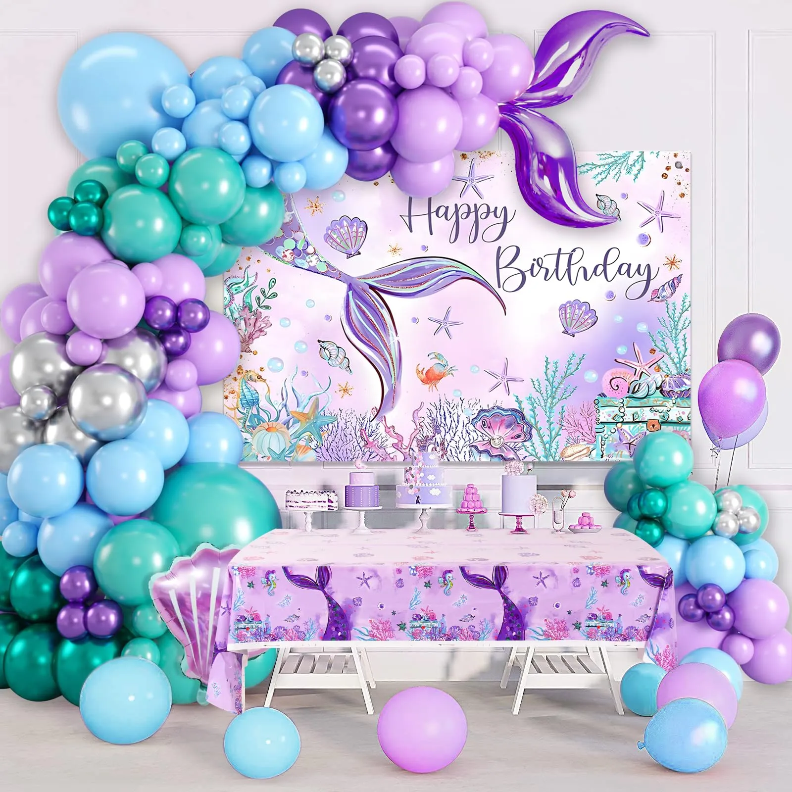 fairymaiden Kit Arco Palloncini Sirena con Tovaglia e Fondale, Addobbi per Compleanno Bambina e Baby Shower - immagine 3
