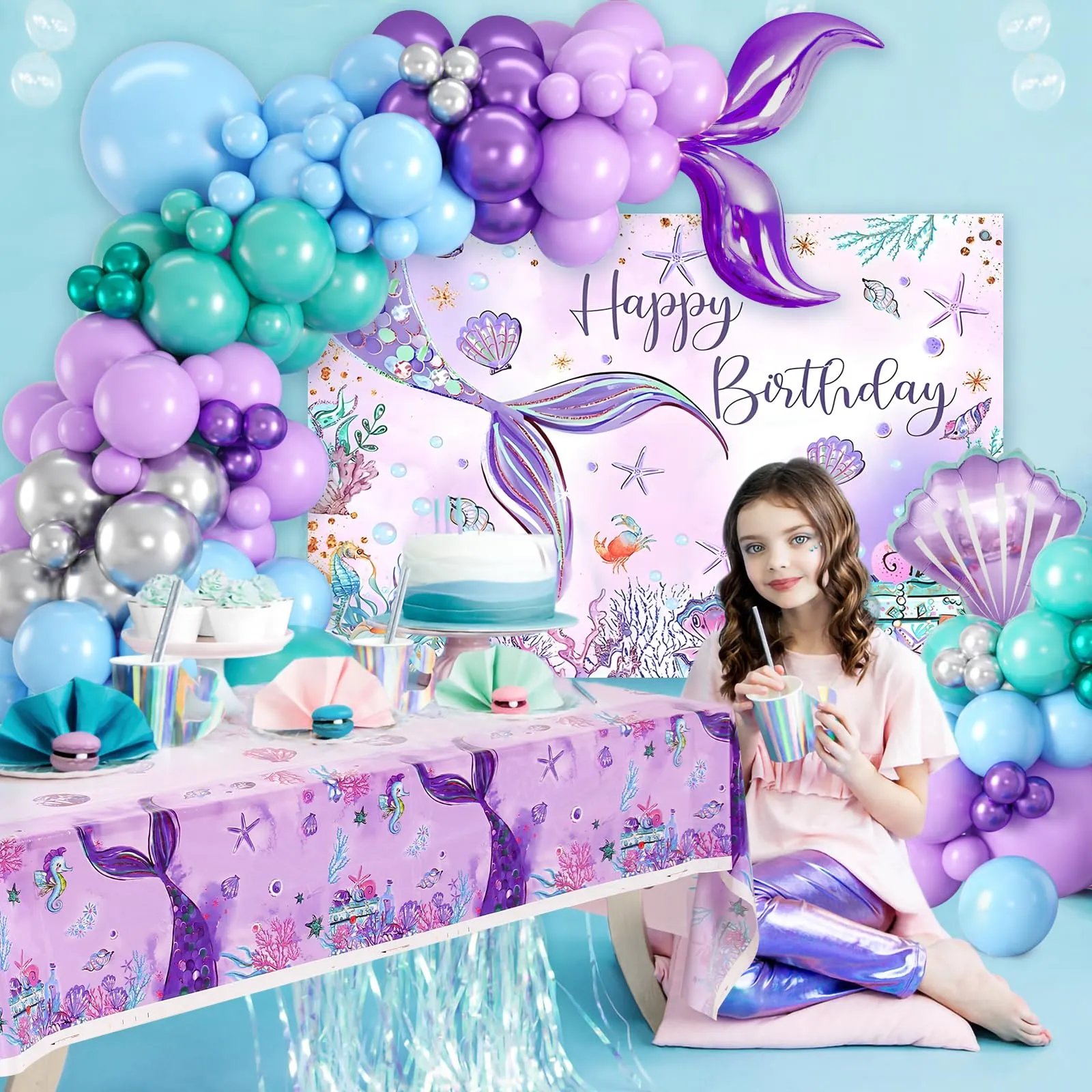 fairymaiden Kit Arco Palloncini Sirena con Tovaglia e Fondale, Addobbi per Compleanno Bambina e Baby Shower - immagine 4